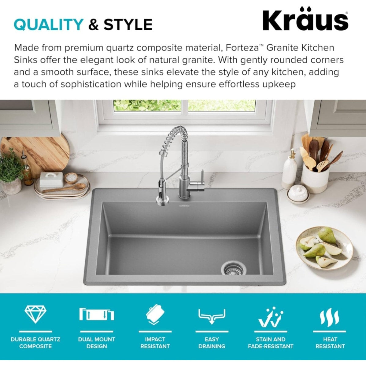 KRAUS Forteza 33-inch Drop In/Undermount Single Bowl Granite Kitchen Sink in Grey, KGD-54GREY