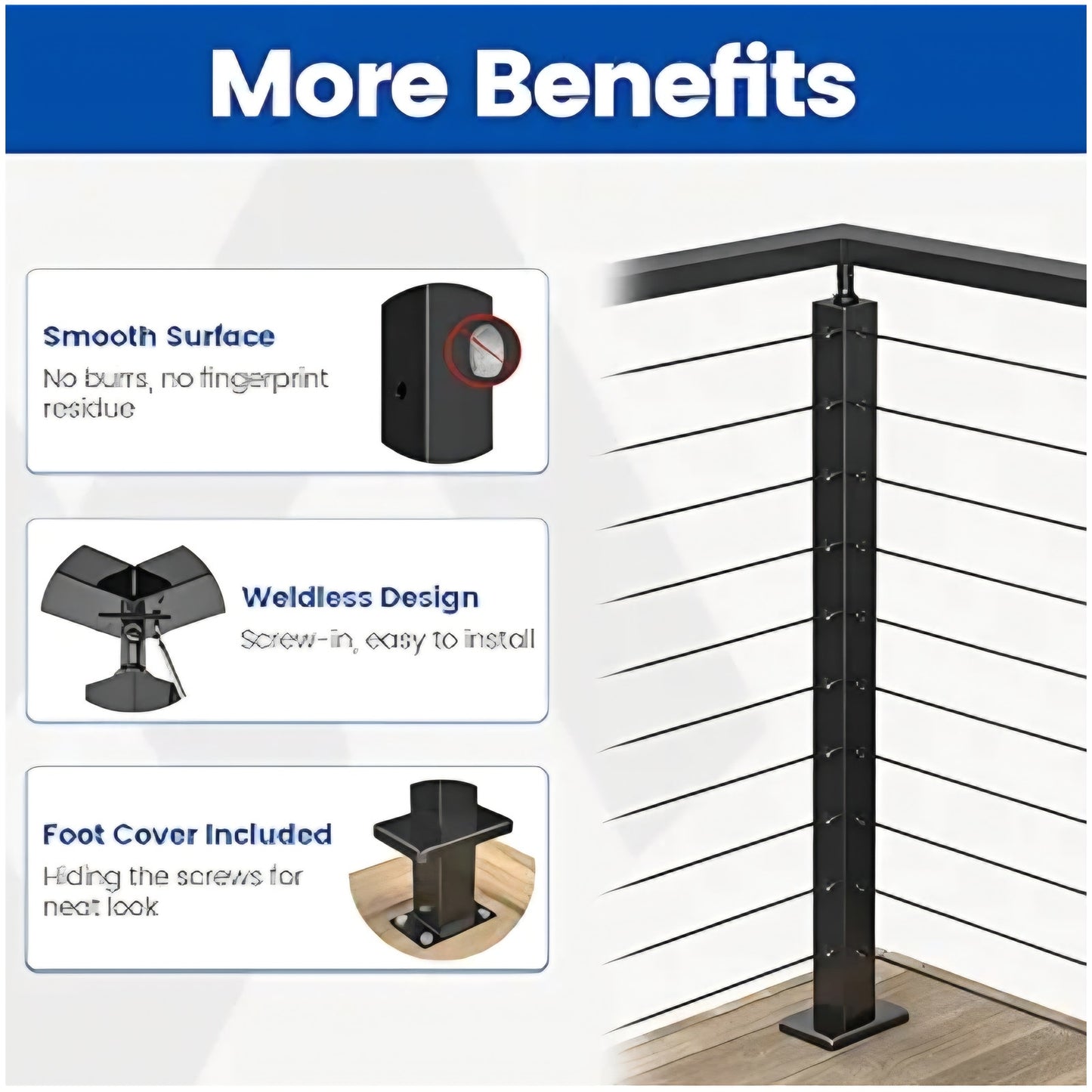 Muzata Black Corner Cable Railing Post 36 Inch 36"x2"x2" T-drilled One-Post Corner Solution Surface