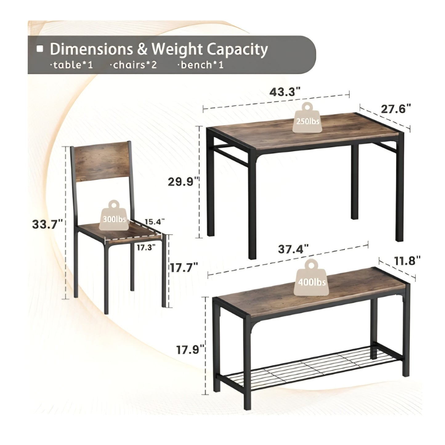Rustic Industrial Dining Set- Table+ Bench+ 2 Chairs