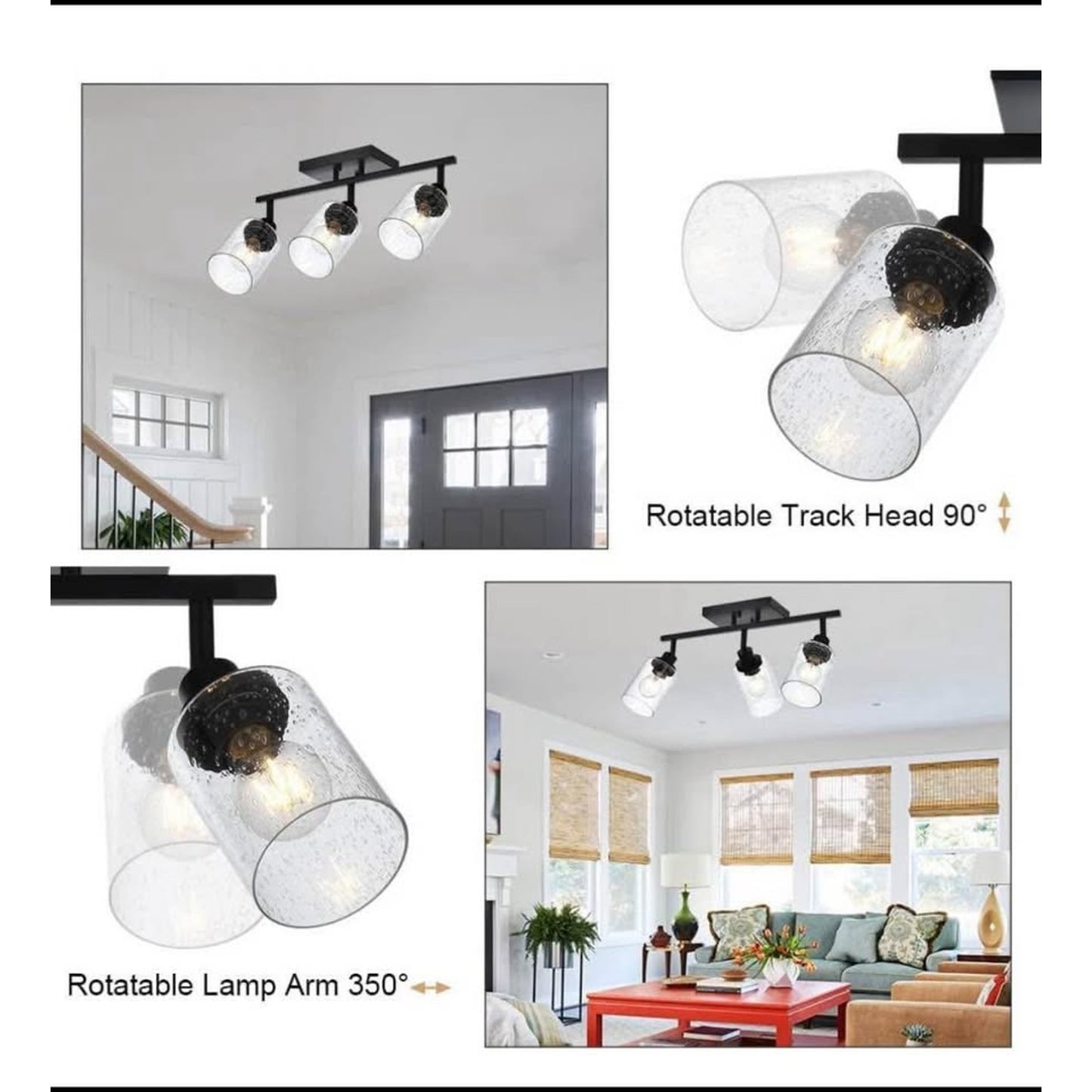 Yaohong 3 Light Track Lighting Kit Track Light Fixtures Rotatable Bathroom Ceiling Light Black Adjus