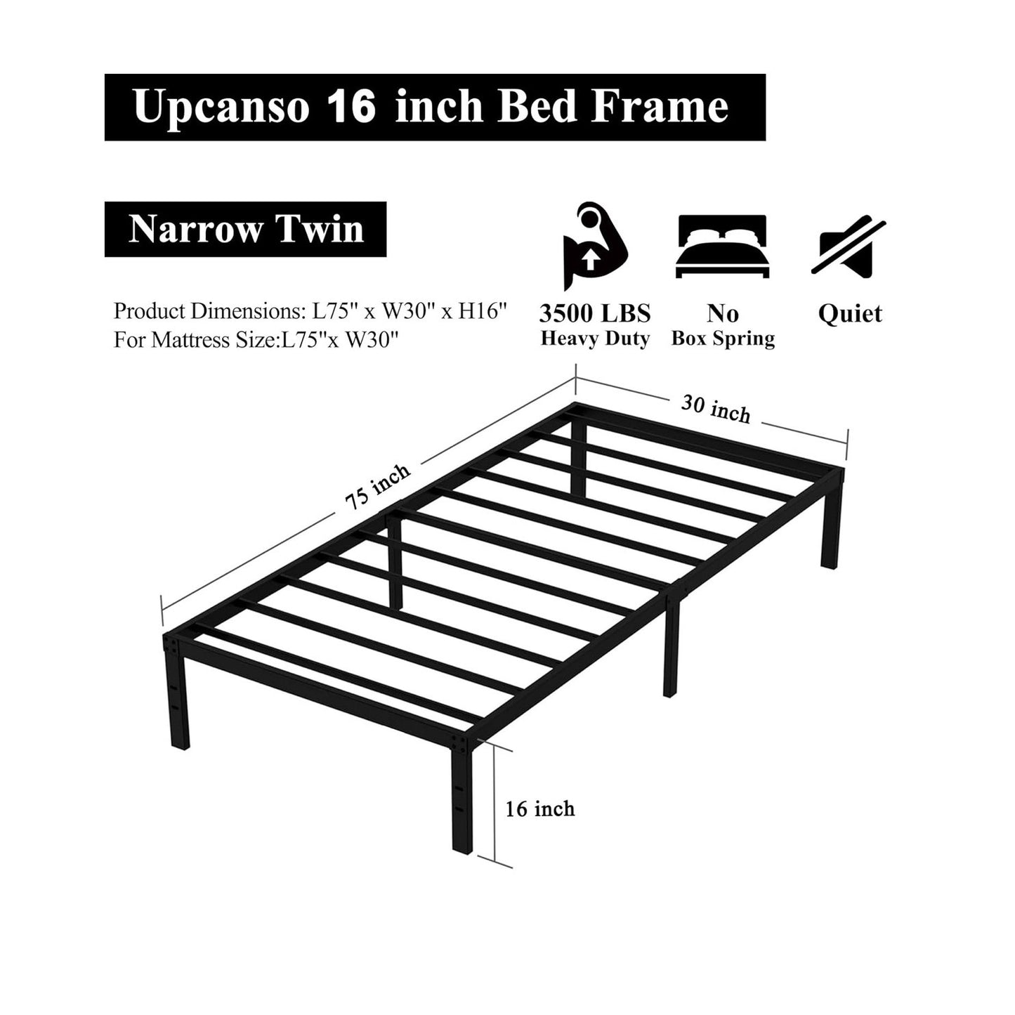 16 Inch Narrow Twin Bed Frame 30x75 No Box Spring Needed