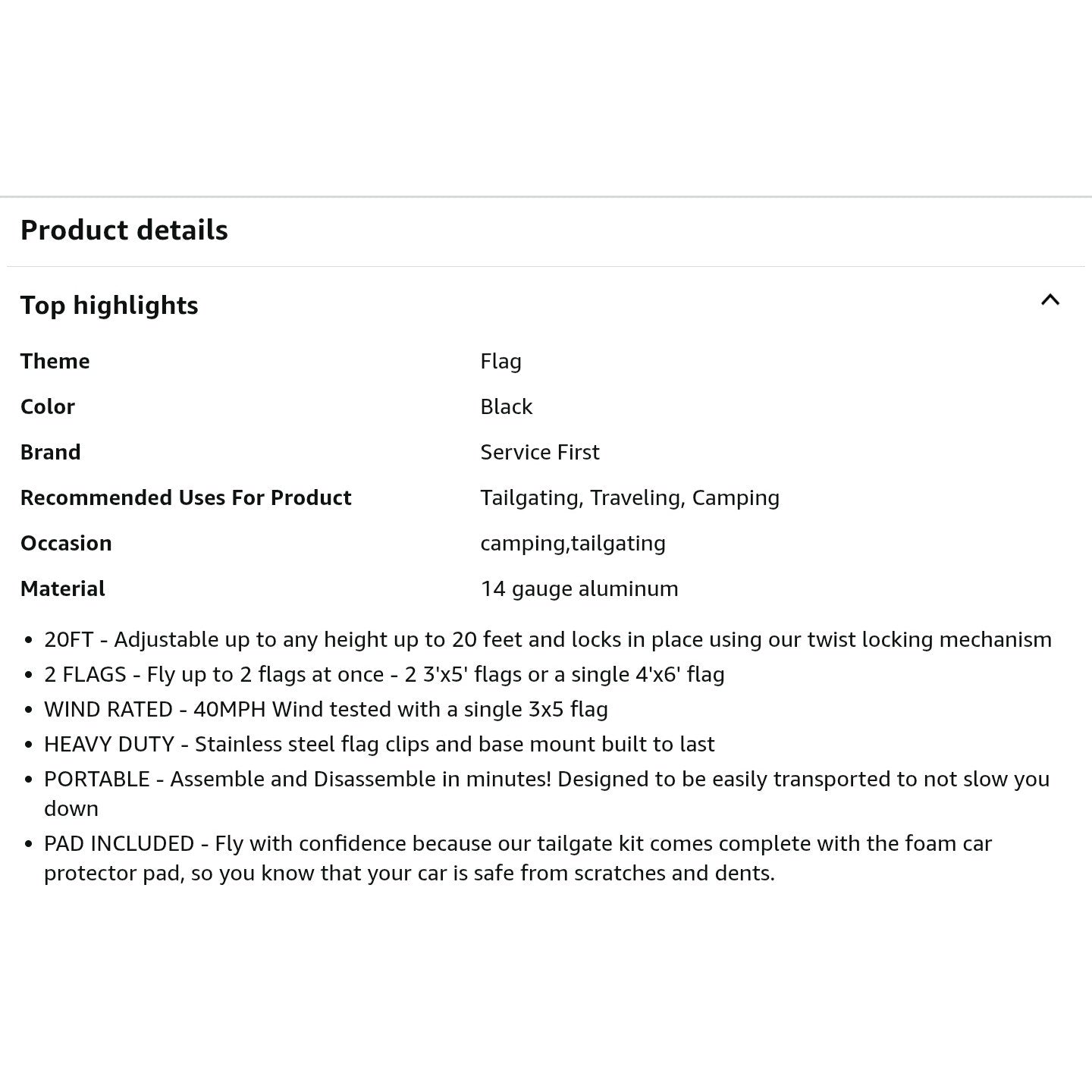 Service First Black Complete Tailgate Flag Pole Package 20FT Black with Stainless Steel Tire Mount