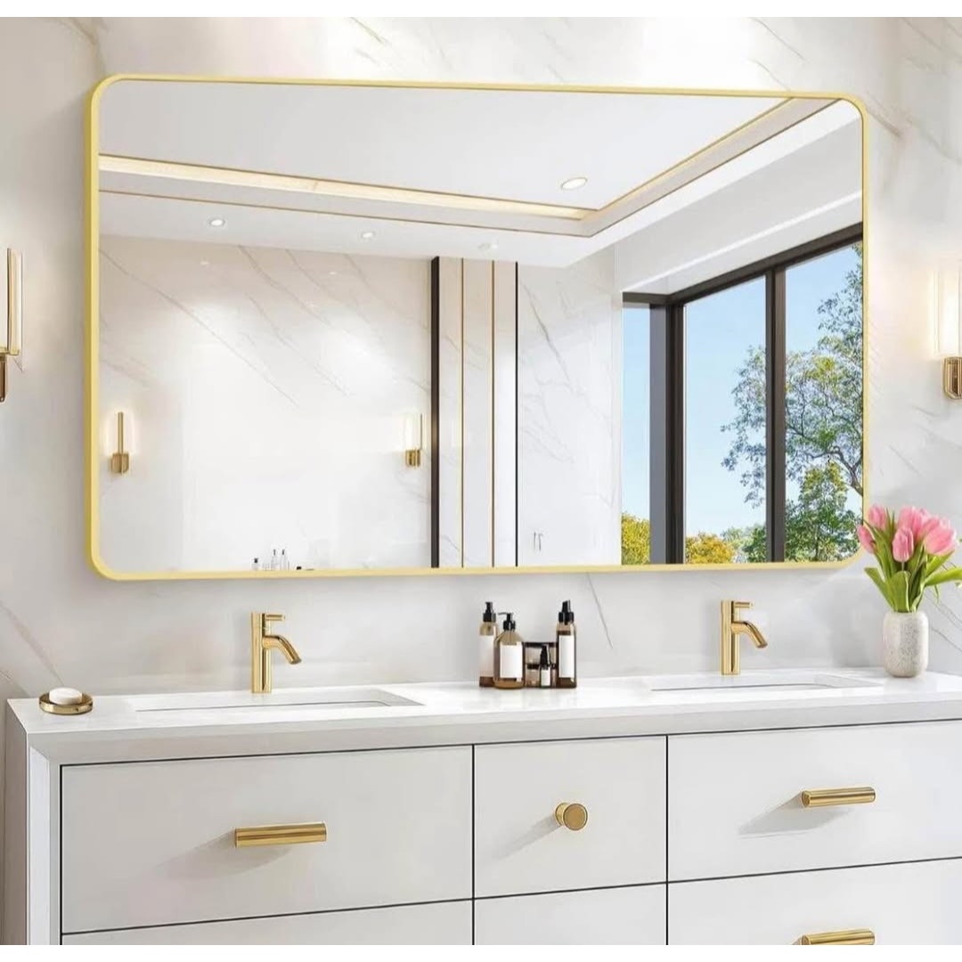 55"x36" Gold Bathroom Mirror, Large Rectangle Mirror, Rectangular Wall Mirror, Rounded Corner Vanit