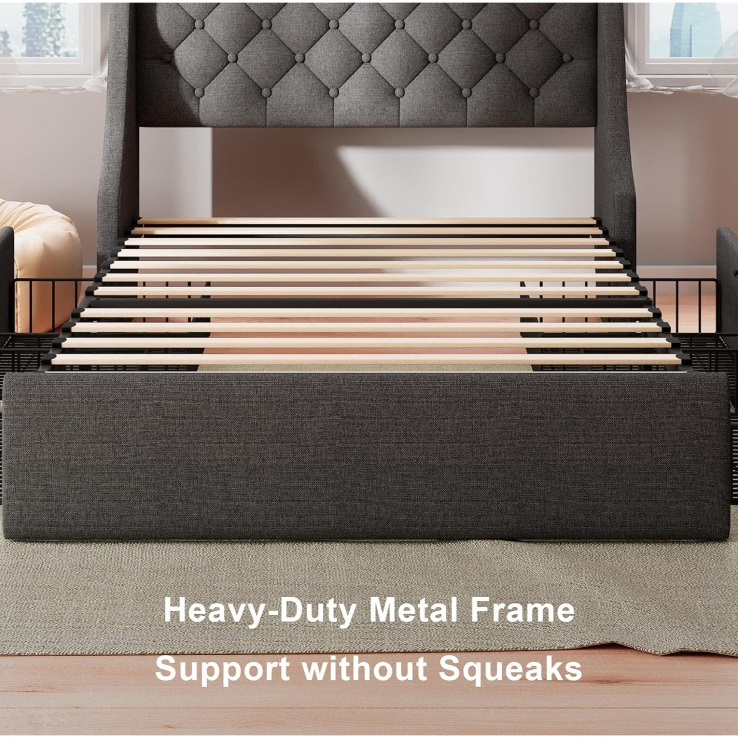 Feonase Twin Bed Frame with 4 Storage Drawers, Upholstered Wingback Headboard, Easy Assembly