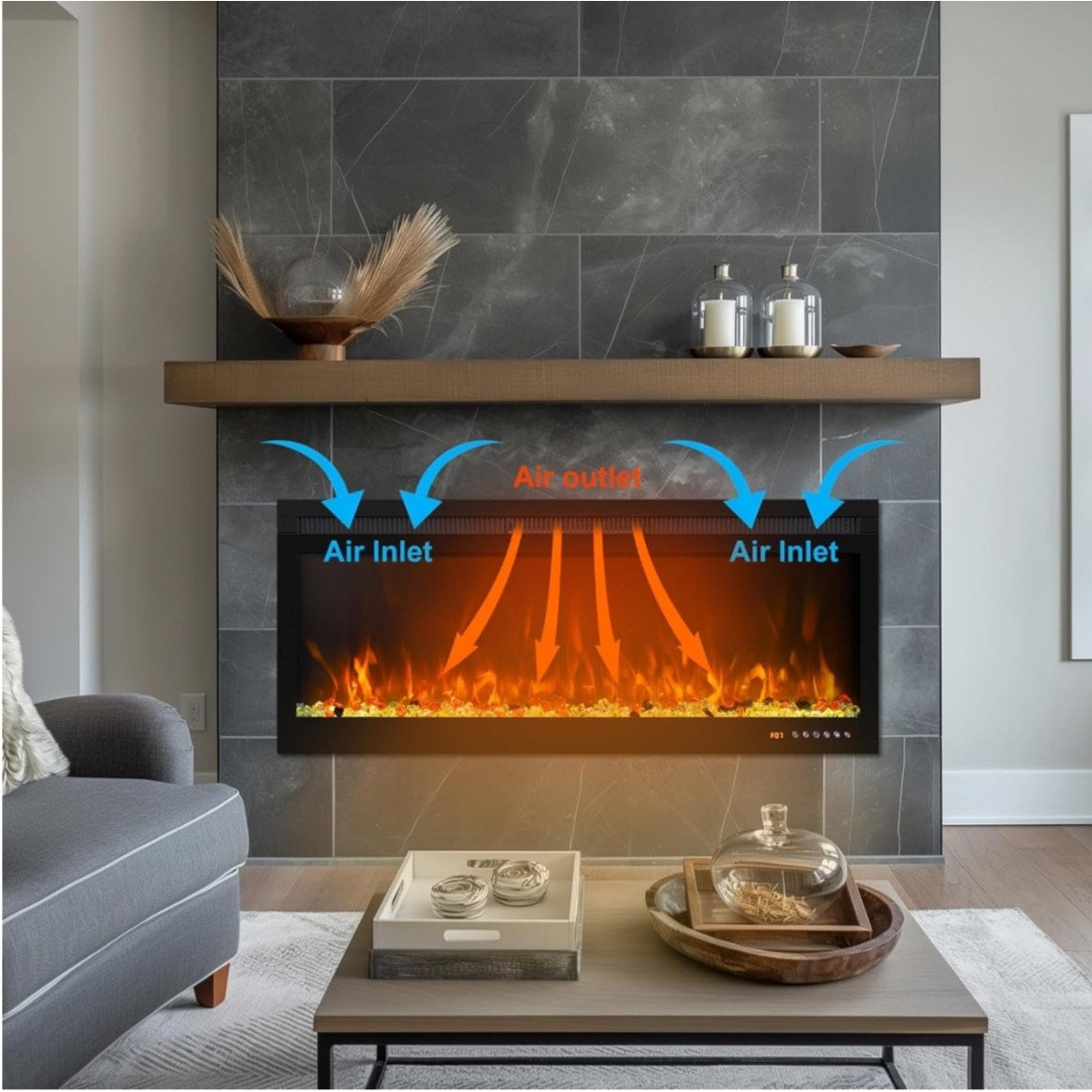 Smart 42 Inch Wall Mounted and Recessed Electric Fireplace Inserts, App & Remote & Touch Screen Control, 13X13 Flame & Fuel Bed Color Combinations, 750W/1500W, Black
