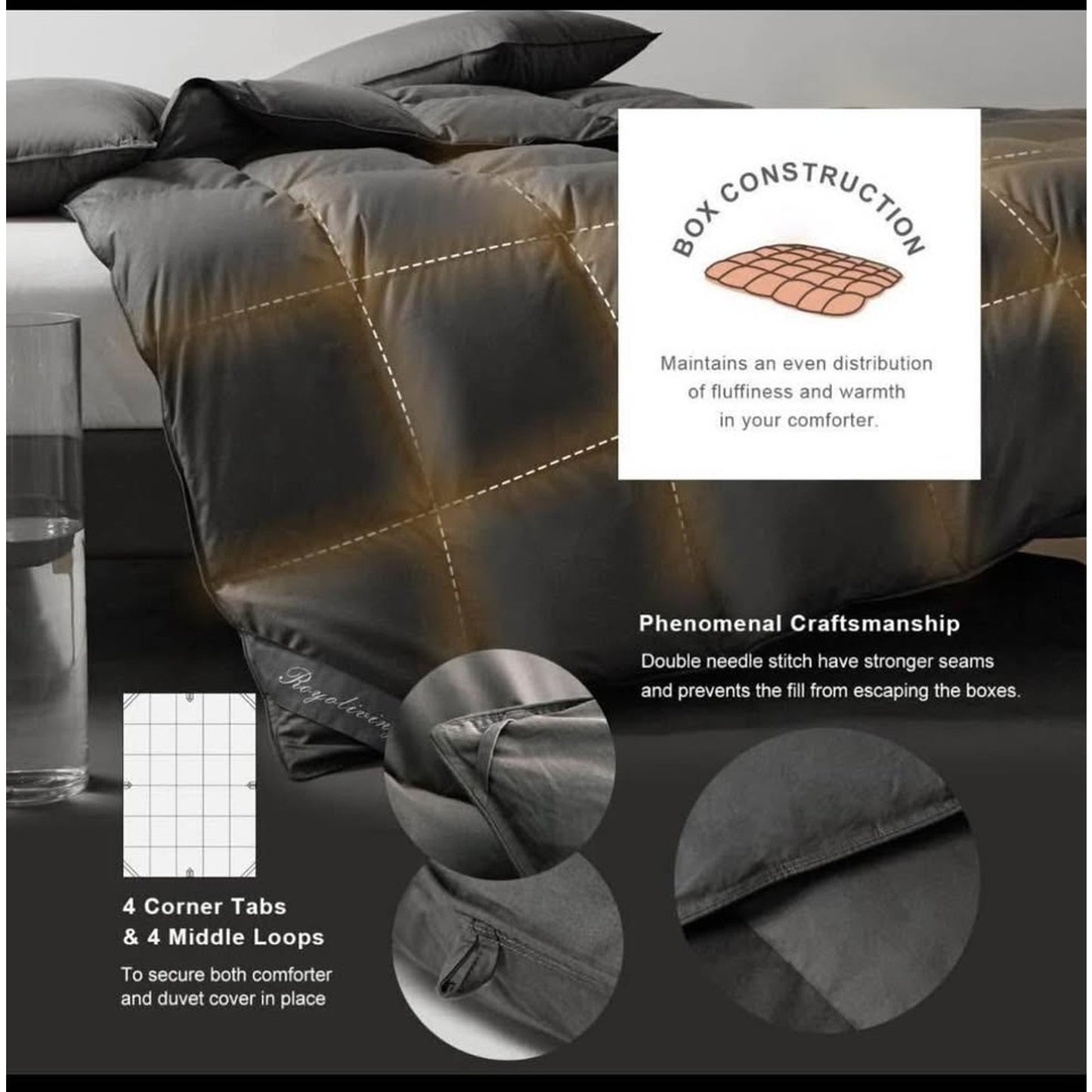 Royoliving Premium Feathers Down Duvet Insert Comforter Queen Size Charcoal Grey Heavyweight Thicken