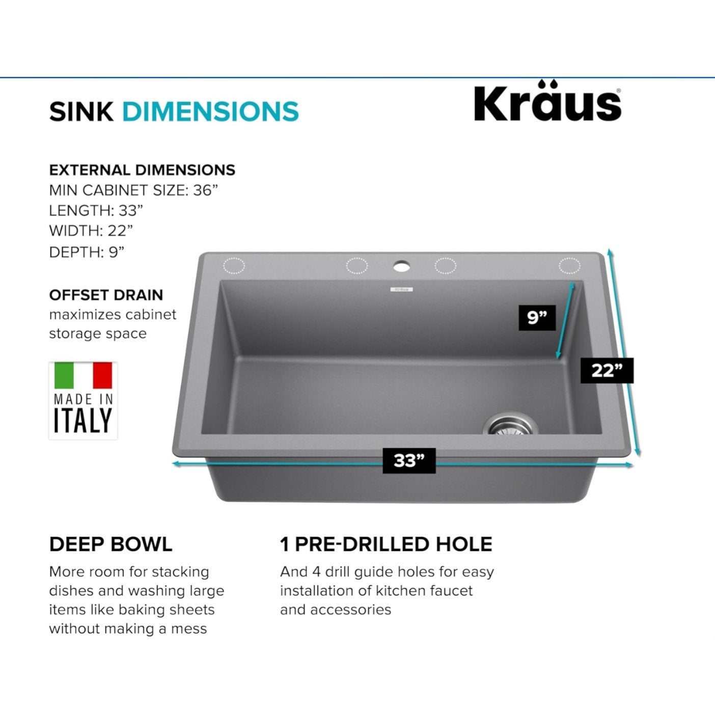KRAUS Forteza 33-inch Drop In/Undermount Single Bowl Granite Kitchen Sink in Grey, KGD-54GREY