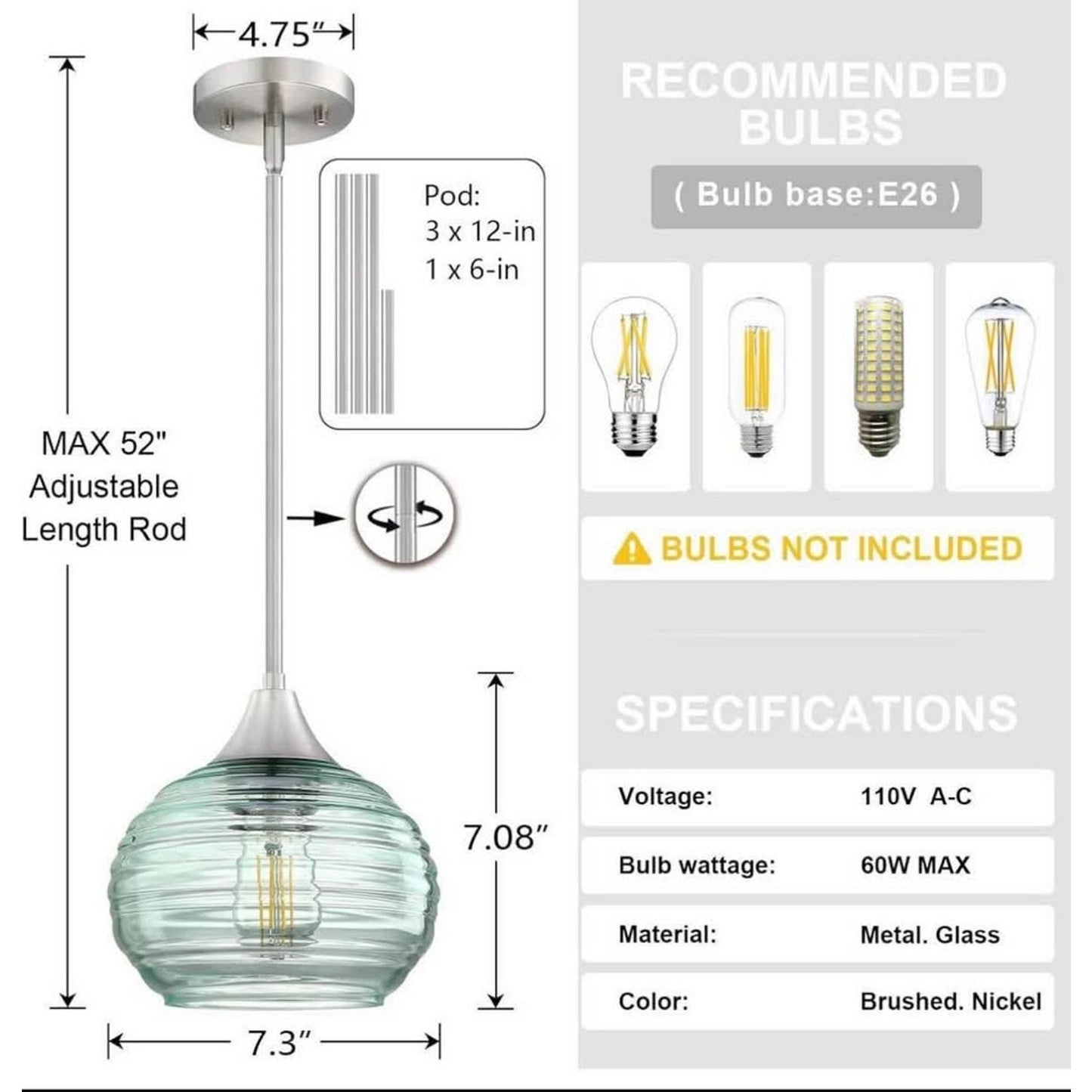 2 Pack 1 Light Kitchen Island Hanging Pendant Light Farmhouse Dining 7" Green Glass Shade Light Fix