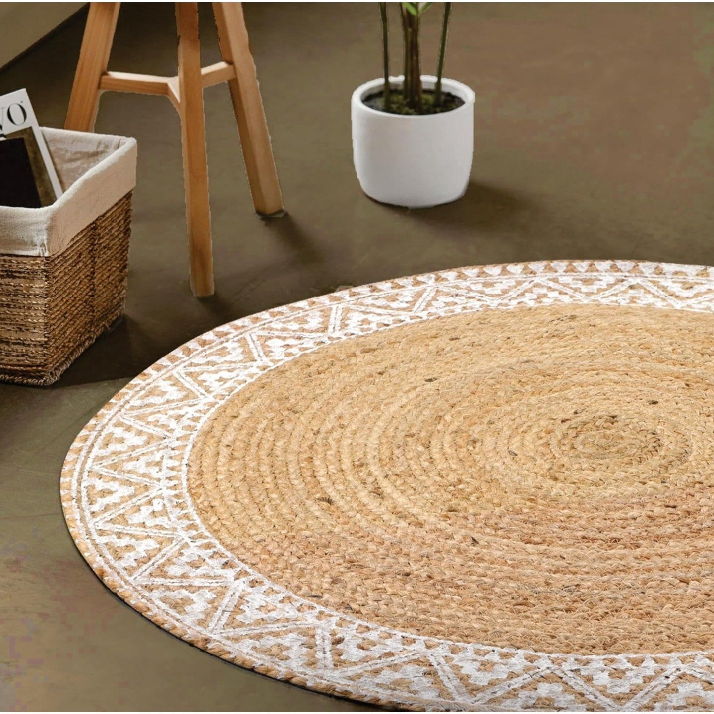 voyzz home Premium Quality Jute Braided Area Rug, 6-feet Round, White Printed Border,