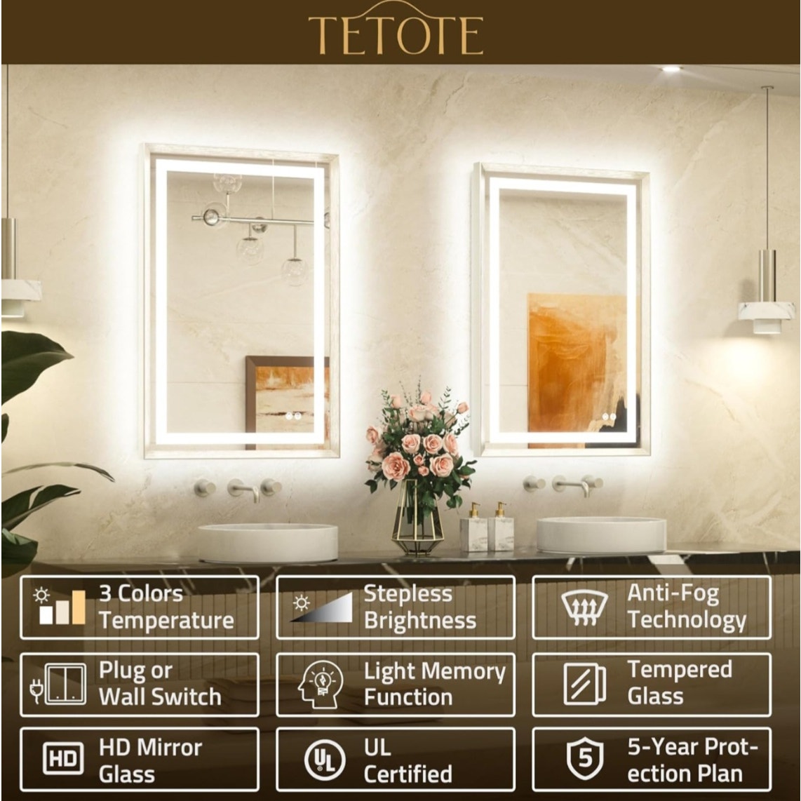 TETOTE 60 x 30 Large Bathroom Mirror Brushed Nickel Metal Frame Frontlit & Backlit Vanity Mirror