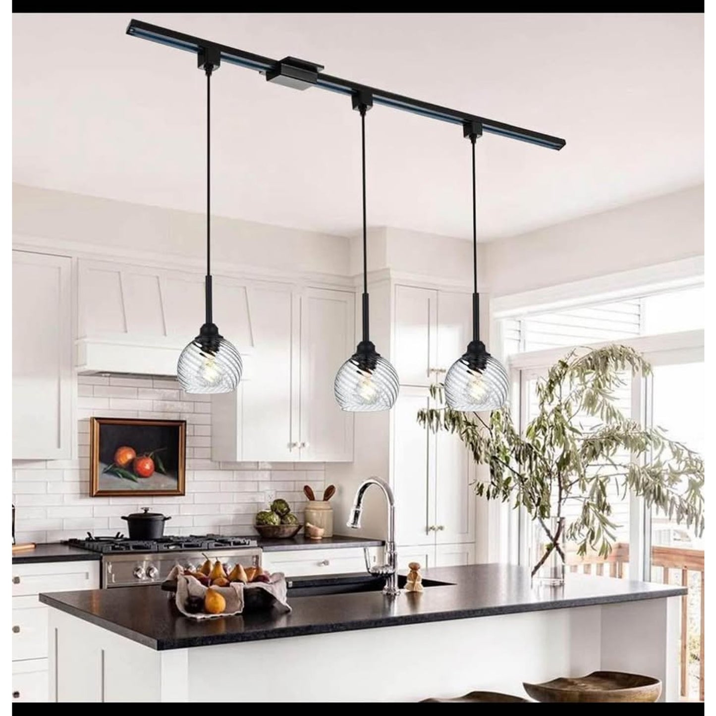 3 Pack H-Type Track Pendant Lighting Fixtures Black Hanging Pendant Lights Kitchen Island with Clear