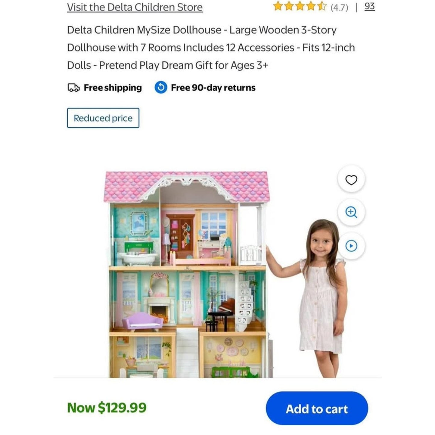 Delta Children MySize Dollhouse - Large Wooden 3-Story Dollhouse with 7 Rooms Includes 12 Accessorie