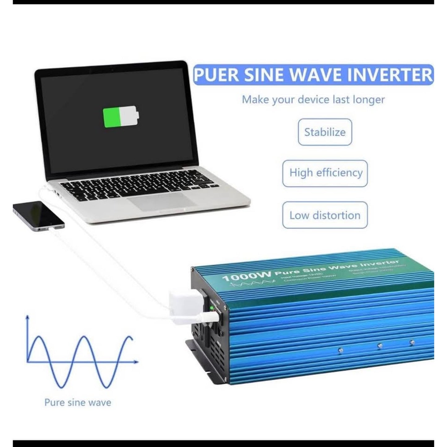 Pure Sine Wave Power Inverter 1000W DC12V to AC 110V with Dual sockets and USB, LCD Remote kit. (100