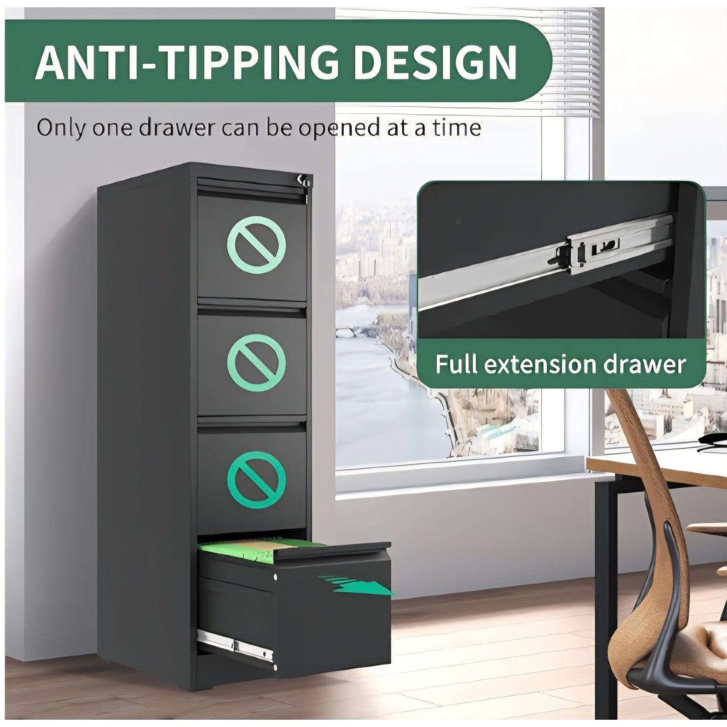 File Cabinet 4 Drawer with Lock, Vertical Filing Cabinets for Home Office, Metal Steel Storage Cabi