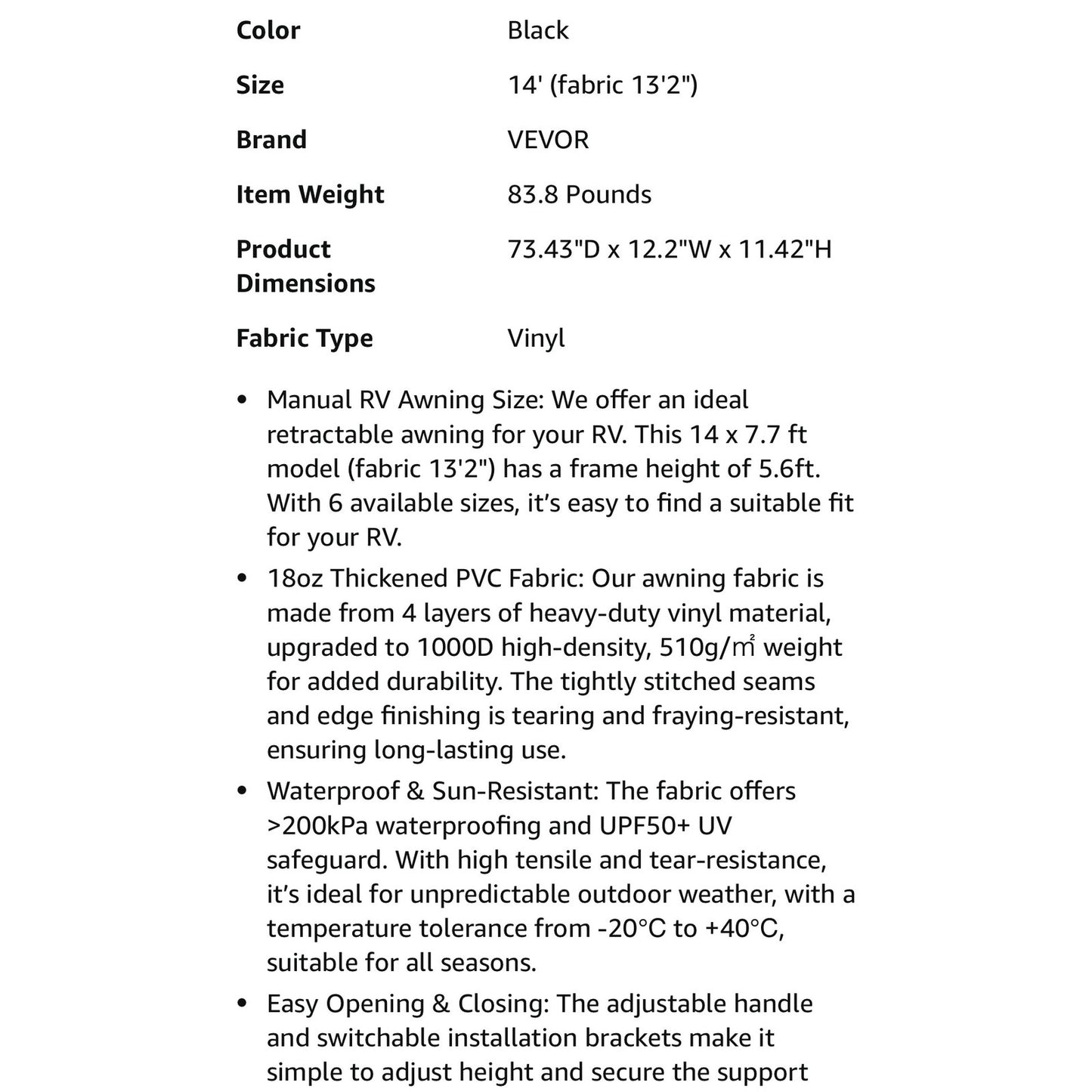 VEVOR Manual RV Awning Complete Kit, 14' Retractable Awning with Aluminum Alloy