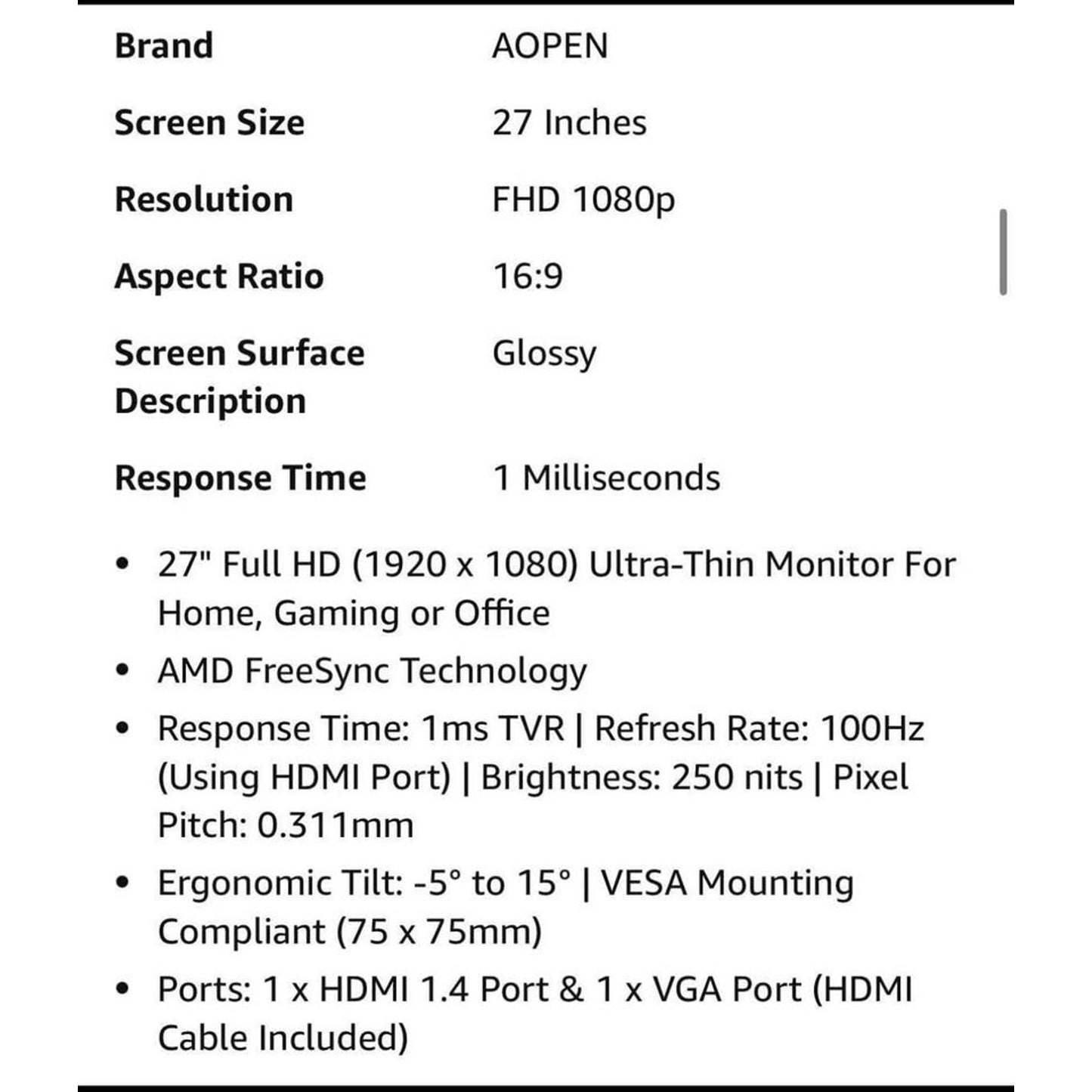 AOPEN 27SA2 27" Full HD (1920 x 1080) Zero-Frame Gaming Office Monitor | AMD FreeSync Technology | U