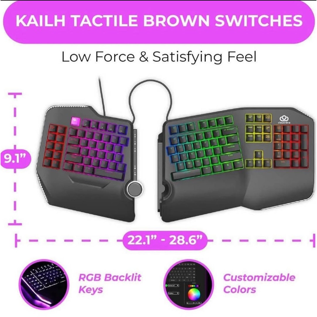 Cloud Nine C989M Ergonomic Mechanical Keyboard for PC - Kailh Tactile Brown Switches