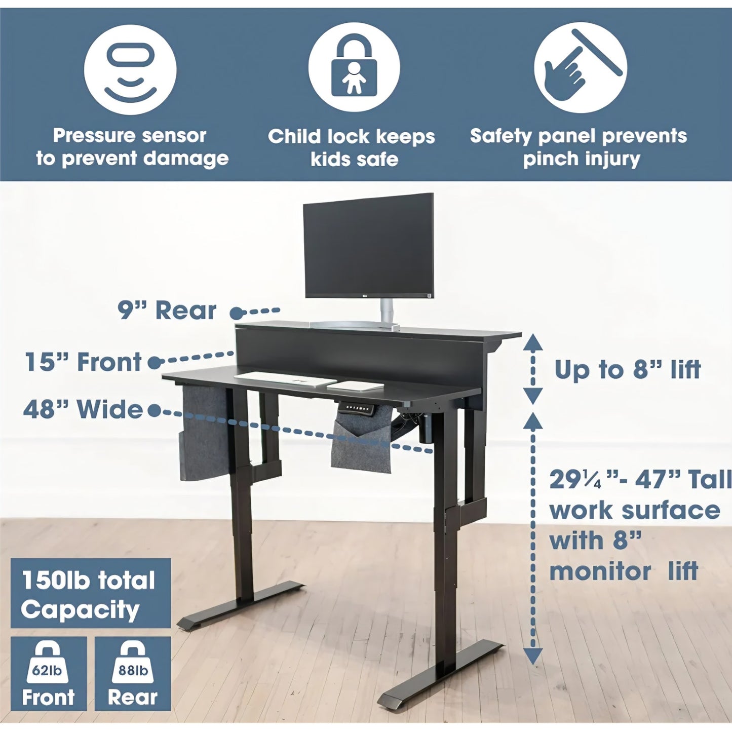 Roam & Remain Dual Lift Adjustable Height Electric Standing Desk— Adjust Both Monitor and Desk Heig