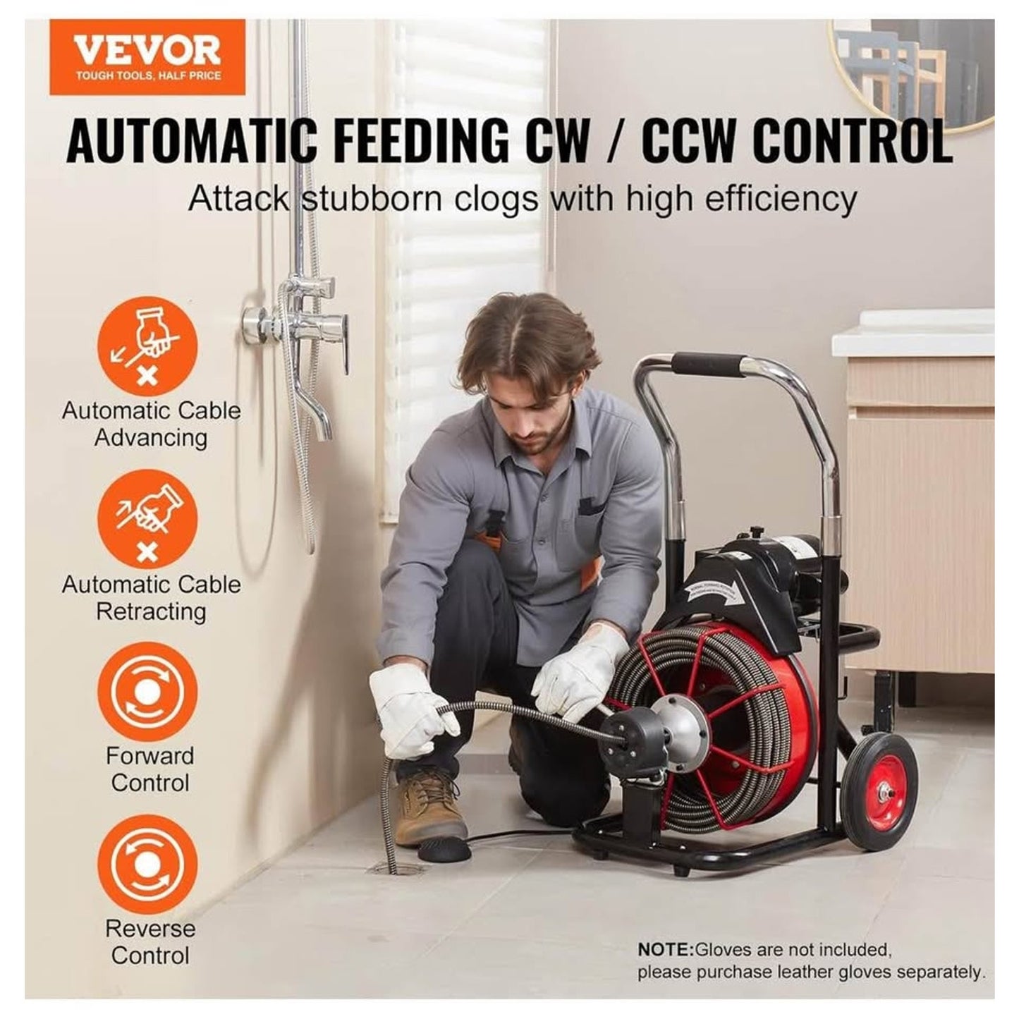 VEVOR Drain Cleaner Machine 100FT x 1/2 Inch, Auto Feed Sewer Snake Auger on Wheels, 550W Portable D