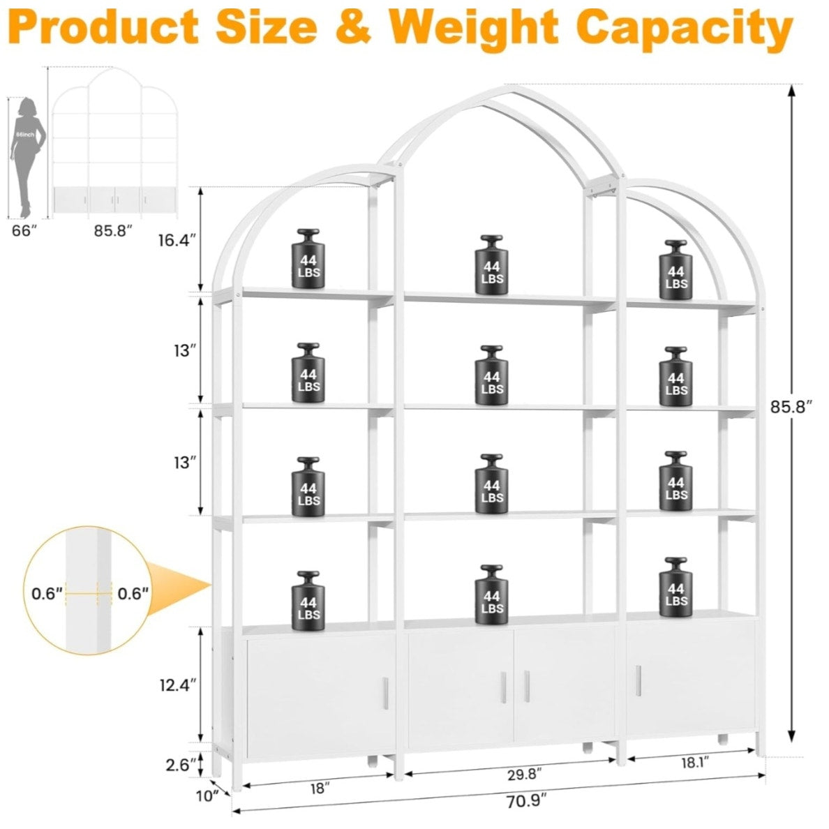 Semoic Arched Bookshelf and Bookcase with 3 Cabinets, Triple Wide 5 Tier Standing Book Shelf,