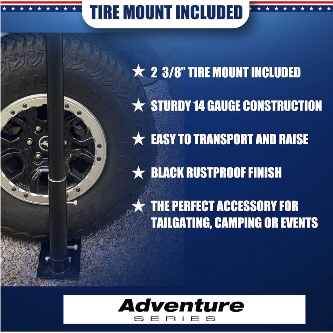 Service First Black Complete Tailgate Flag Pole Package 20FT Black with Stainless Steel Tire Mount