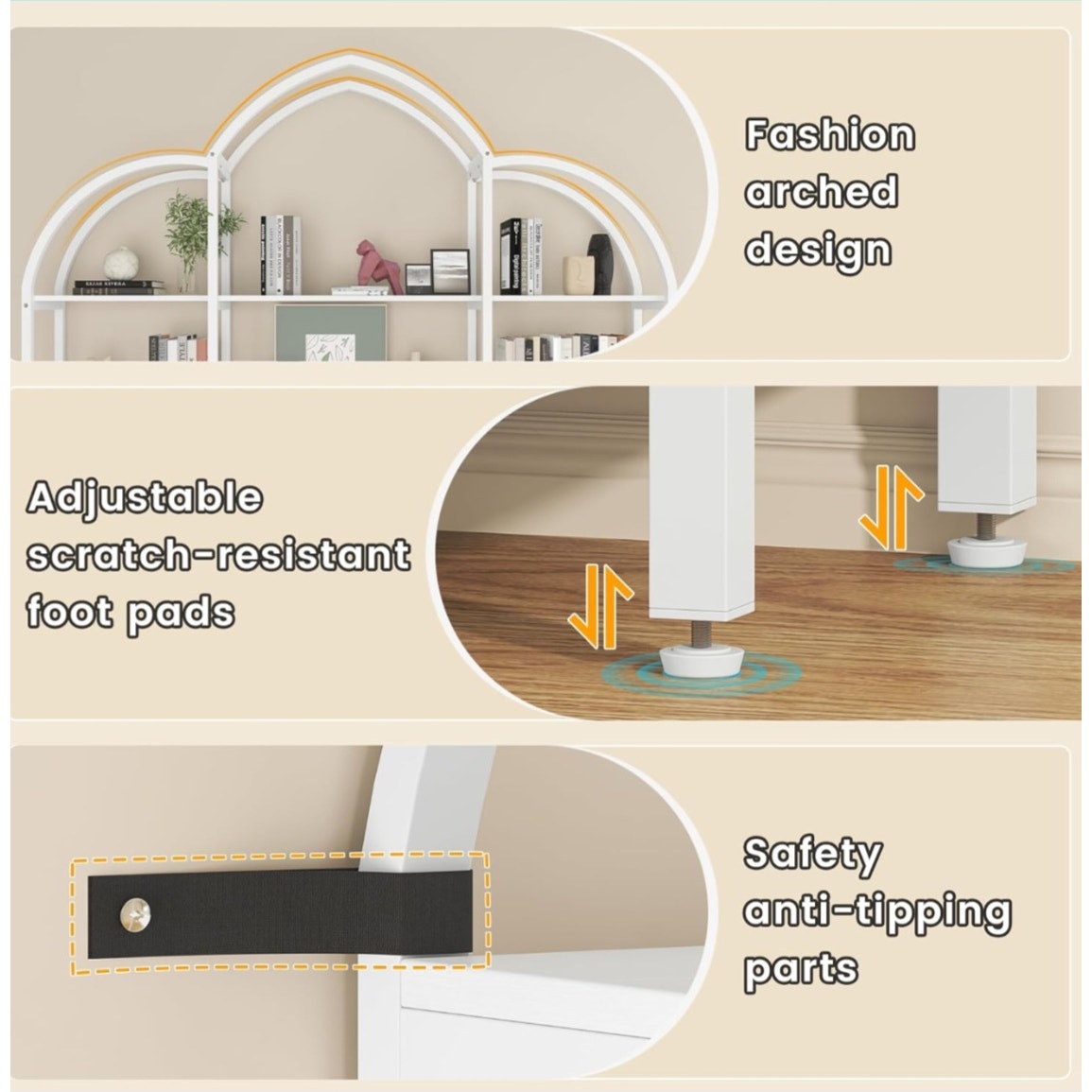 Semoic Arched Bookshelf and Bookcase with 3 Cabinets, Triple Wide 5 Tier Standing Book Shelf,