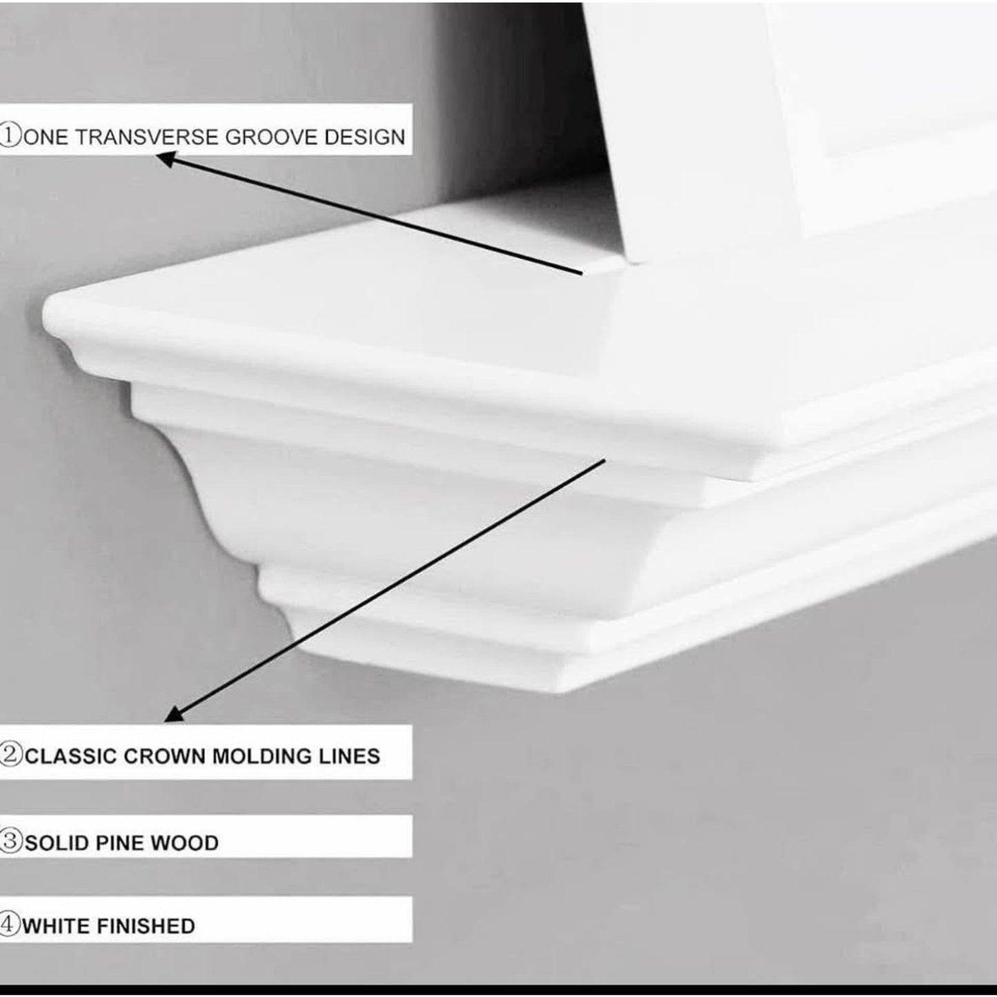 WELLAND White Finished 48 inch Pine Wood Fireplace Mantel Shelf Wall Mounted,Corona Crown Molding Fl