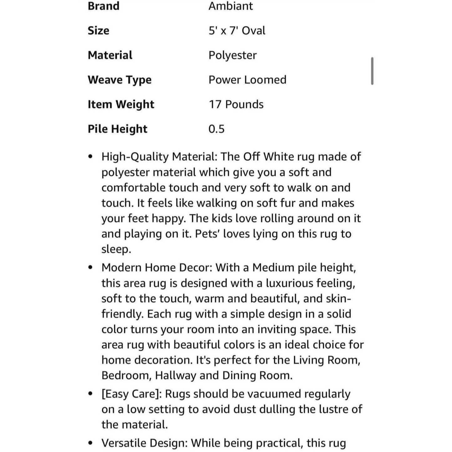 Ambiant Pet Friendly Solid Color Area Rugs Off White - 5' x 7' Oval, Indoor, Stain Resistant, Perfect for Living Room,