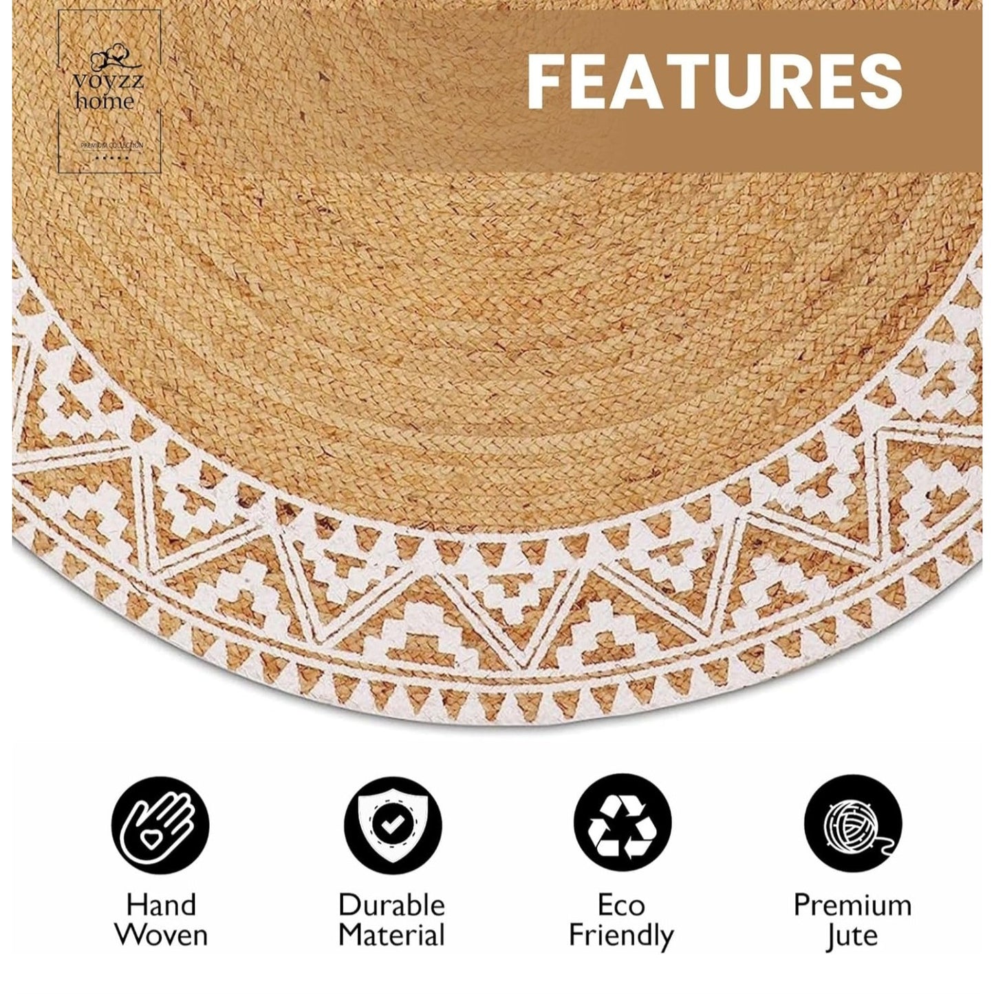 voyzz home Premium Quality Jute Braided Area Rug, 6-feet Round, White Printed Border,