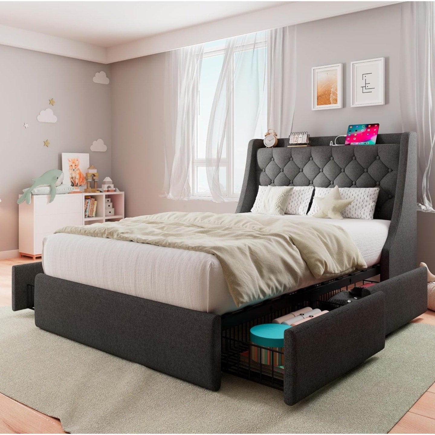 Feonase Twin Bed Frame with 4 Storage Drawers, Upholstered Wingback Headboard, Easy Assembly