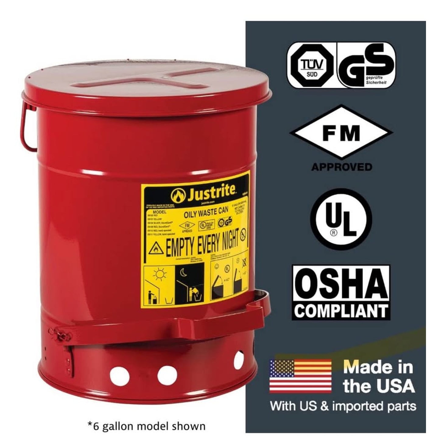 Justrite 6 Gallon Galvanized Steel Oily Waste Can, 16" x 12" Metal Oil Rag Safety Can with Quiet Foo