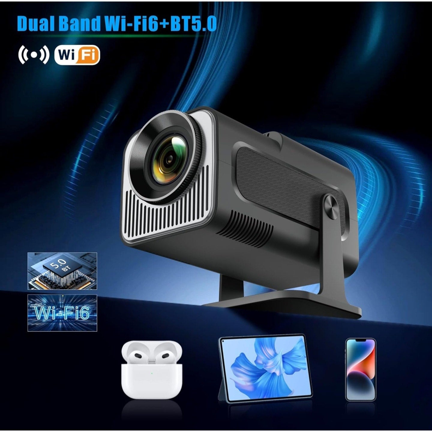 Portable Projector, HY320 Mini Projector with WiFi and Bluetooth, Support 4K 1080P with Dual-Band