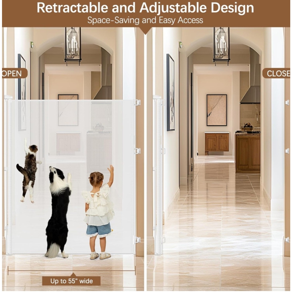 55 Inch Extra Tall Pet Gate Tall Retractable Baby Gate,Extends to 55" Wide Retractable Gate Outdoor