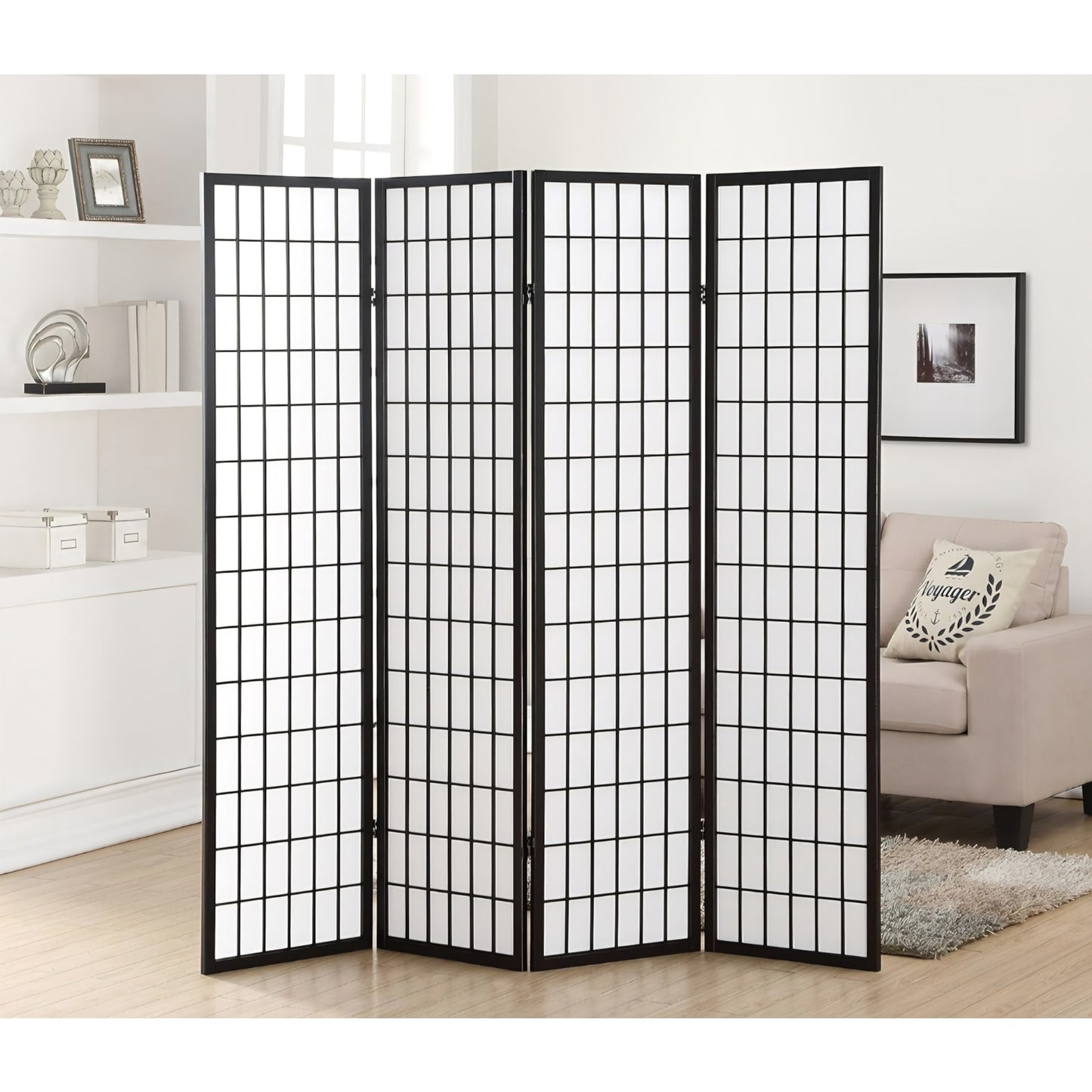 Roundhill Furniture Oriental Shoji 4 Panel Screen Room Divider, Black
