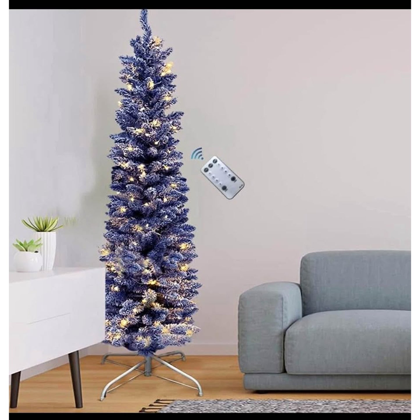 $30 obo 7FT Blue Pre-Lit Skinny Christmas Tree, Auto Open Snow Flocked Full Xmas Tree with 1000 Bran