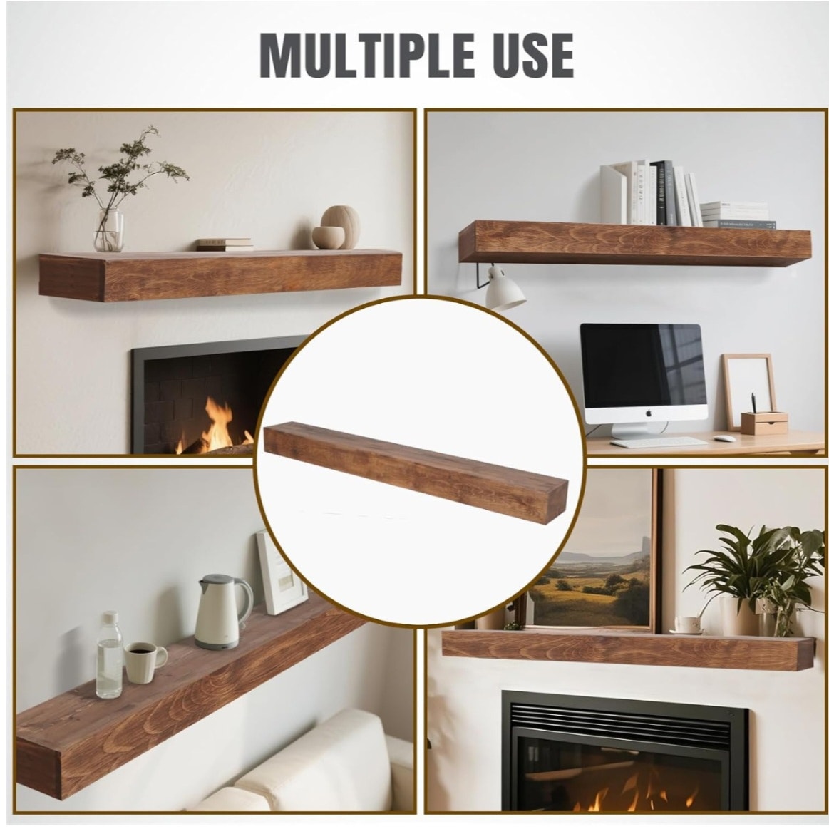 Fireplace Mantle Shelf - 60×8×5Inch Handcrafted Wall Floating Mantel Shelf for Over Fireplace - Rustic Traditional Wooden Fireplace Mantels with Invisible Heavy Duty Wood Bracket