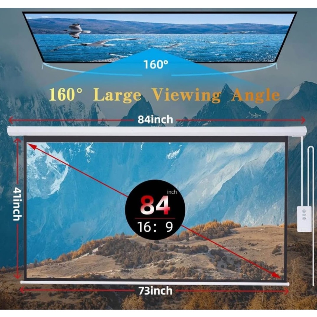 Pull Down Projector Screen Motorized 84 Inch 16:9 HD Electric Small Projector Screen Portable