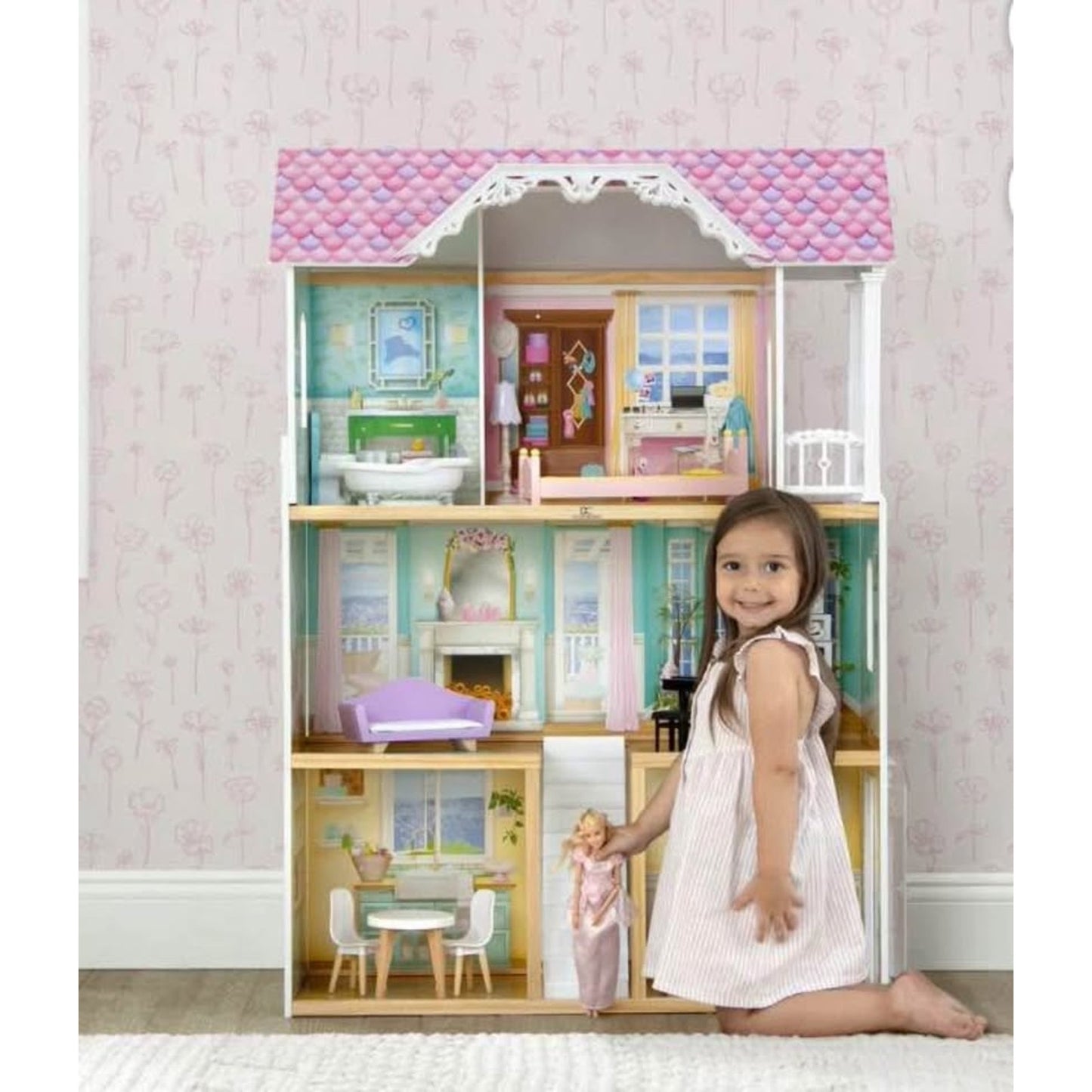 Delta Children MySize Dollhouse - Large Wooden 3-Story Dollhouse with 7 Rooms Includes 12 Accessorie