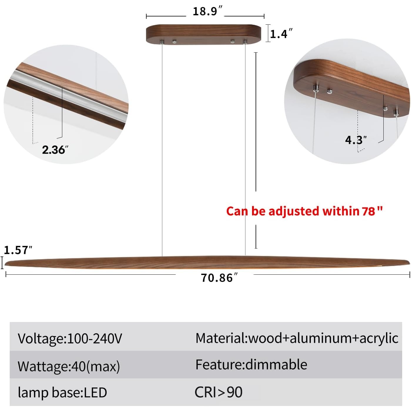 71"Wood Linear Pendant LightWood Linear,Light Island LightsLED DimmableChandelier Table WalnutColor