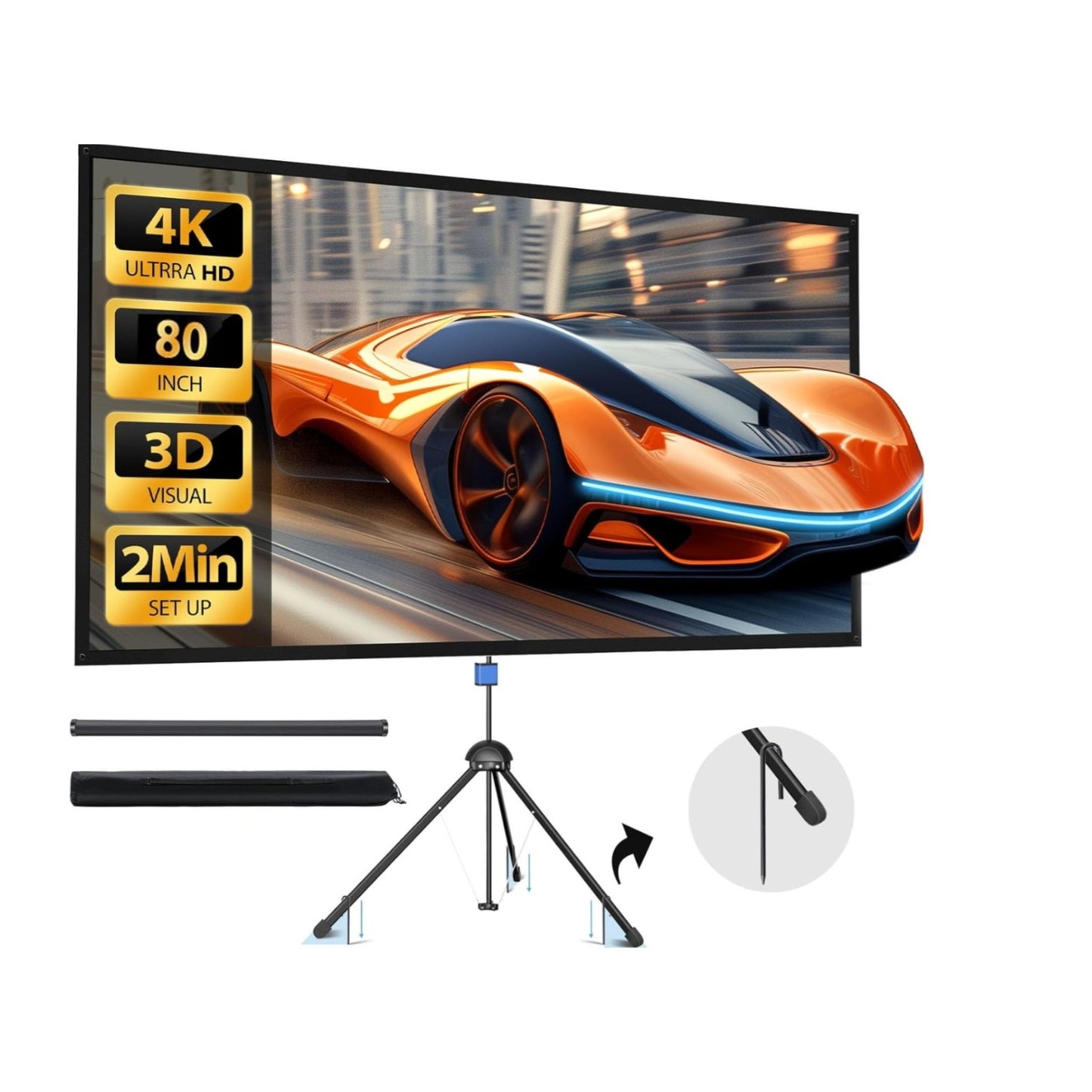 Projector Screen with Stand 80 inch Indoor Outdoor Projector Screen 16:9, 4K HD