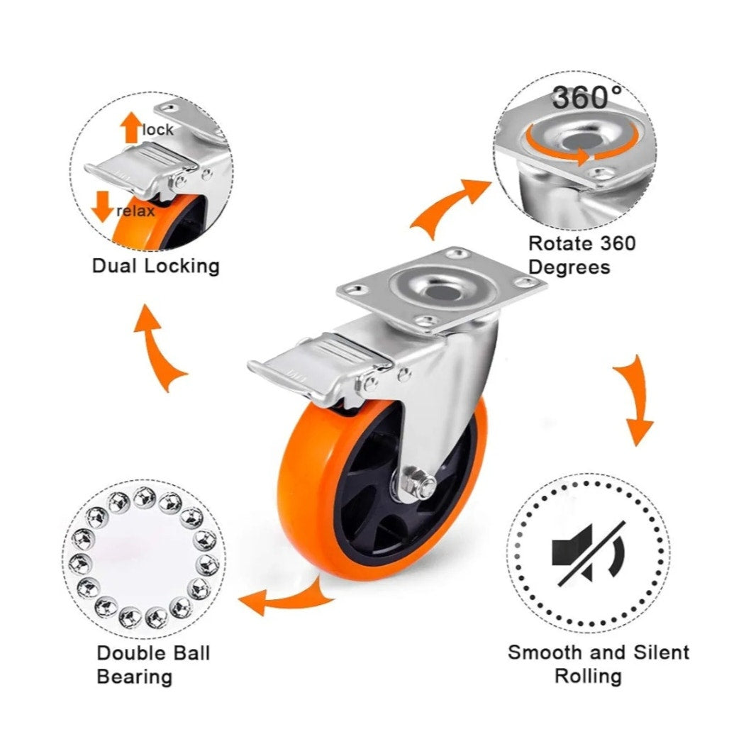 D&L 5 Inch Swivel Casters Wheels 1500lbs Heavy Duty Castors with Brake Polyurethane Dual Locking