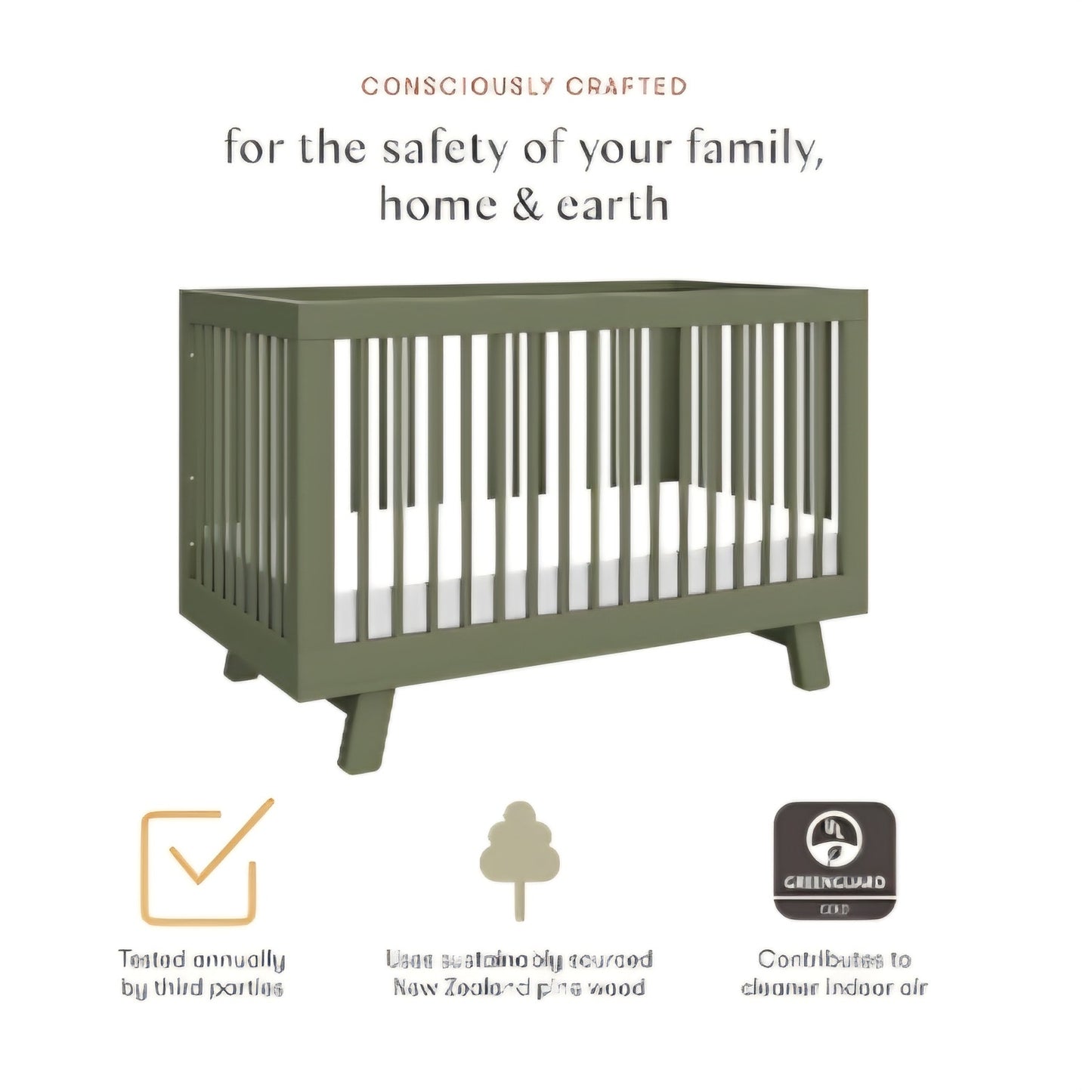 3-in-1 Convertible Crib with Toddler Bed Conversion Kit in Olive Green