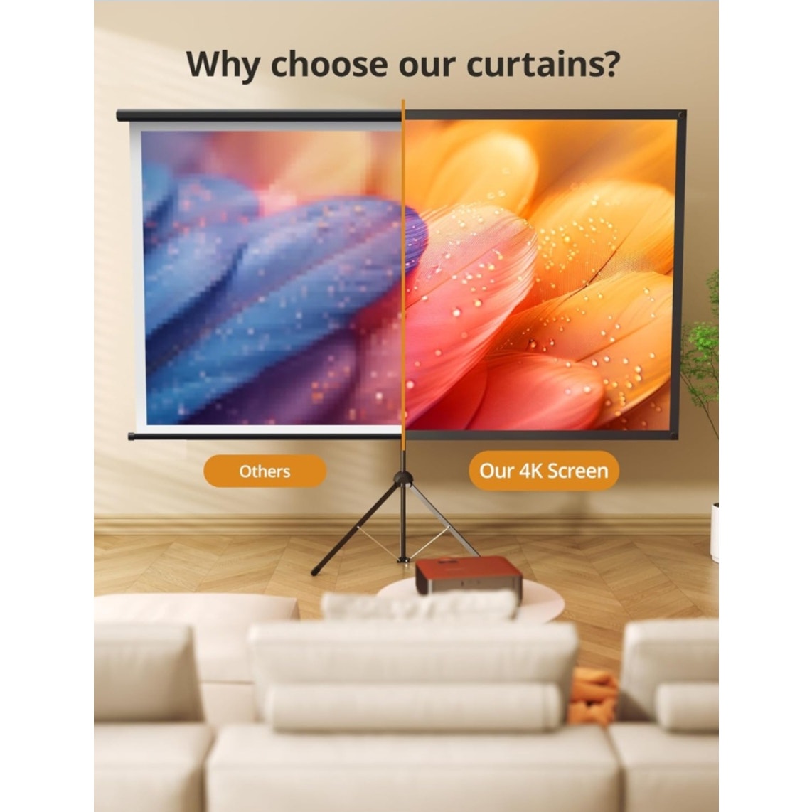 Projector Screen with Stand 80 inch Indoor Outdoor Projector Screen 16:9, 4K HD