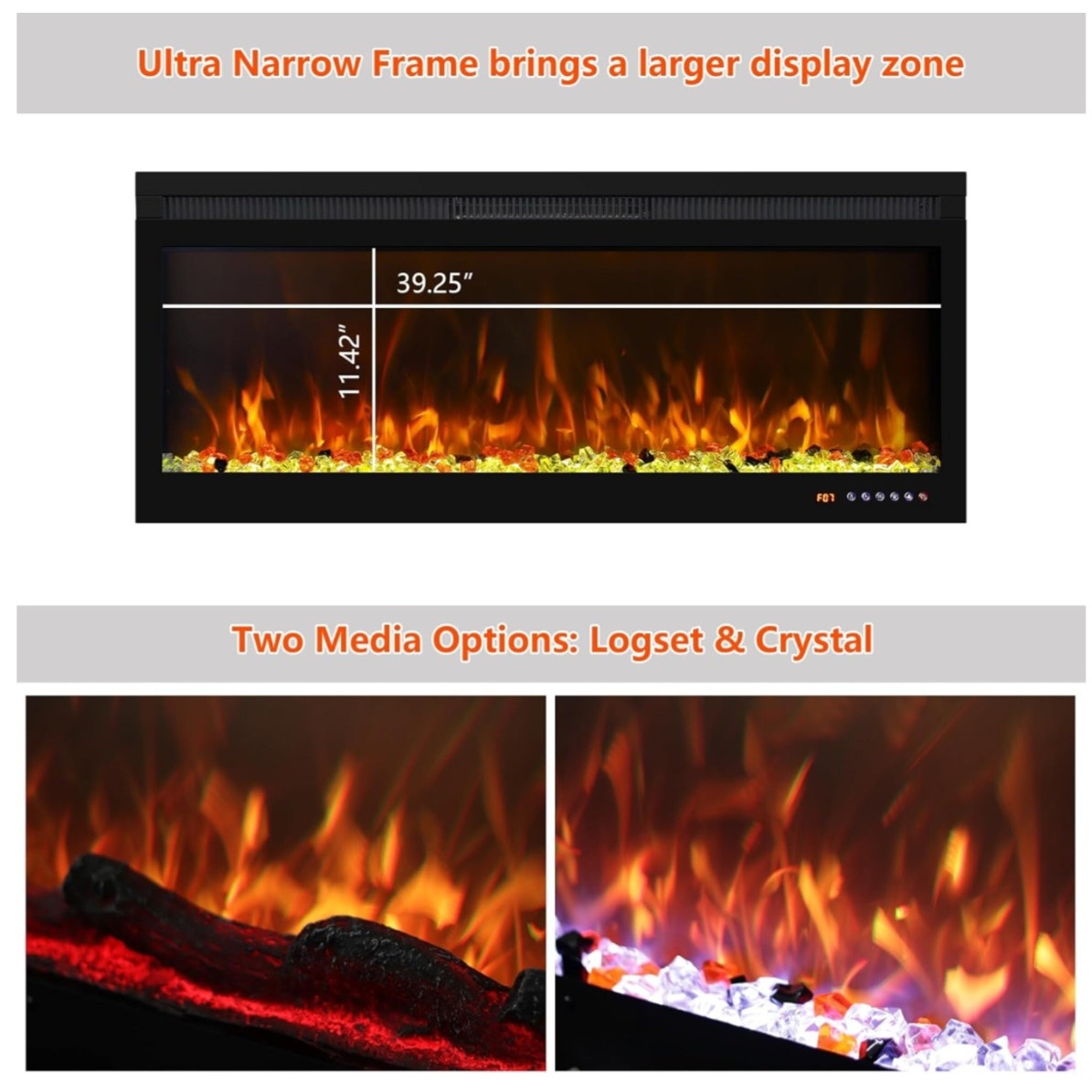 Smart 42 Inch Wall Mounted and Recessed Electric Fireplace Inserts, App & Remote & Touch Screen Control, 13X13 Flame & Fuel Bed Color Combinations, 750W/1500W, Black