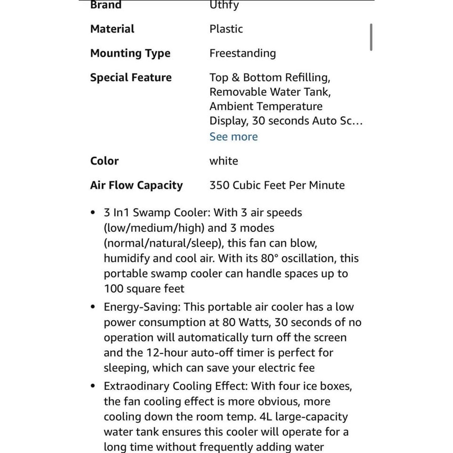 Uthfy 41" Swamp Cooler, Evaporative Air Cooler With 4 Ice Packs And Remote, 80° Oscillation