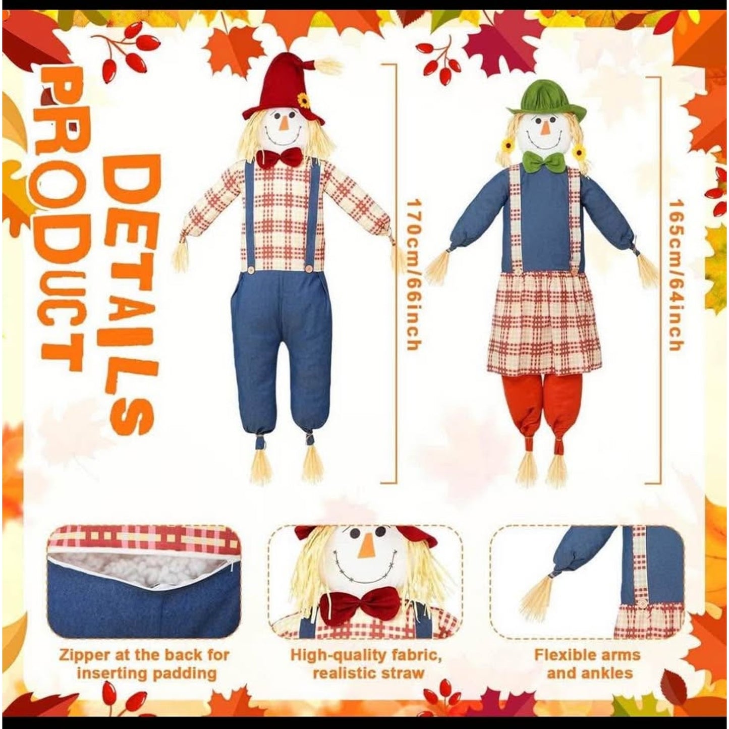 2 Pcs 64 Inches Harvest Sitting Scarecrow Large Scarecrow Garden Scarecrows for Indoor Outdoor Fall