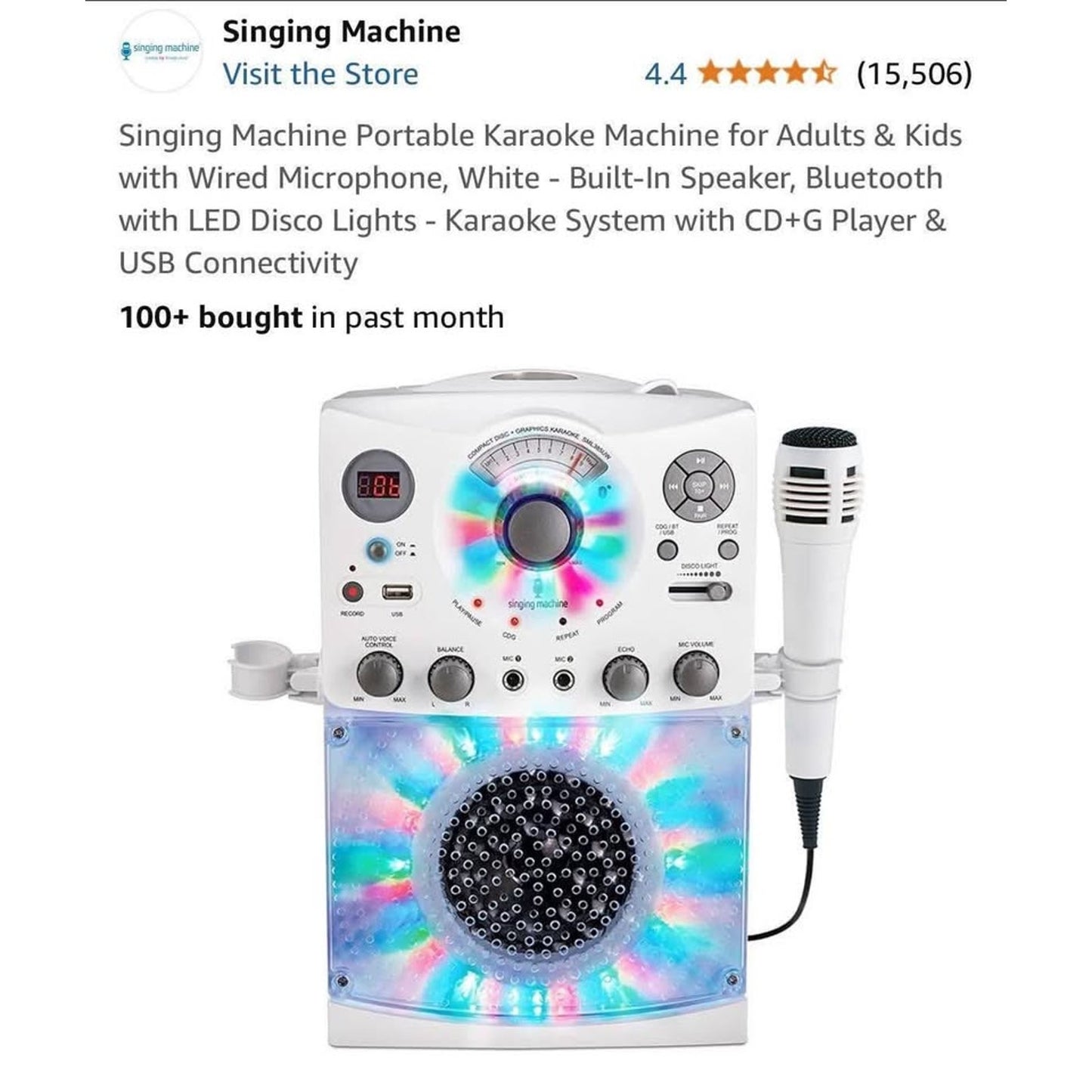 Singing Machine Portable Karaoke Machine for Adults & Kids with Wired Microphone, White - Built-In S
