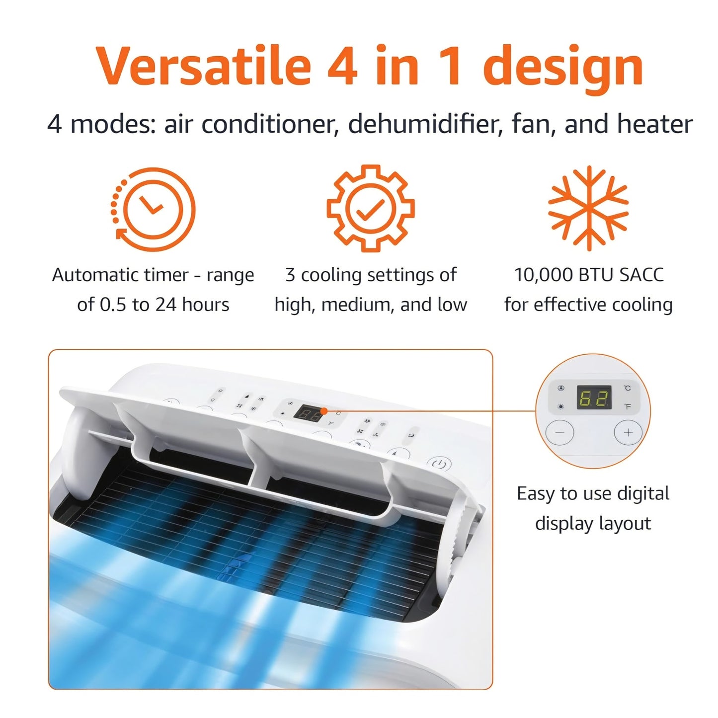 mazon Basics 4-In-1 Portable Air Conditioner, 13,500 BTU (ASHRAE), Cools Up to 550 Sqf, Portable AC