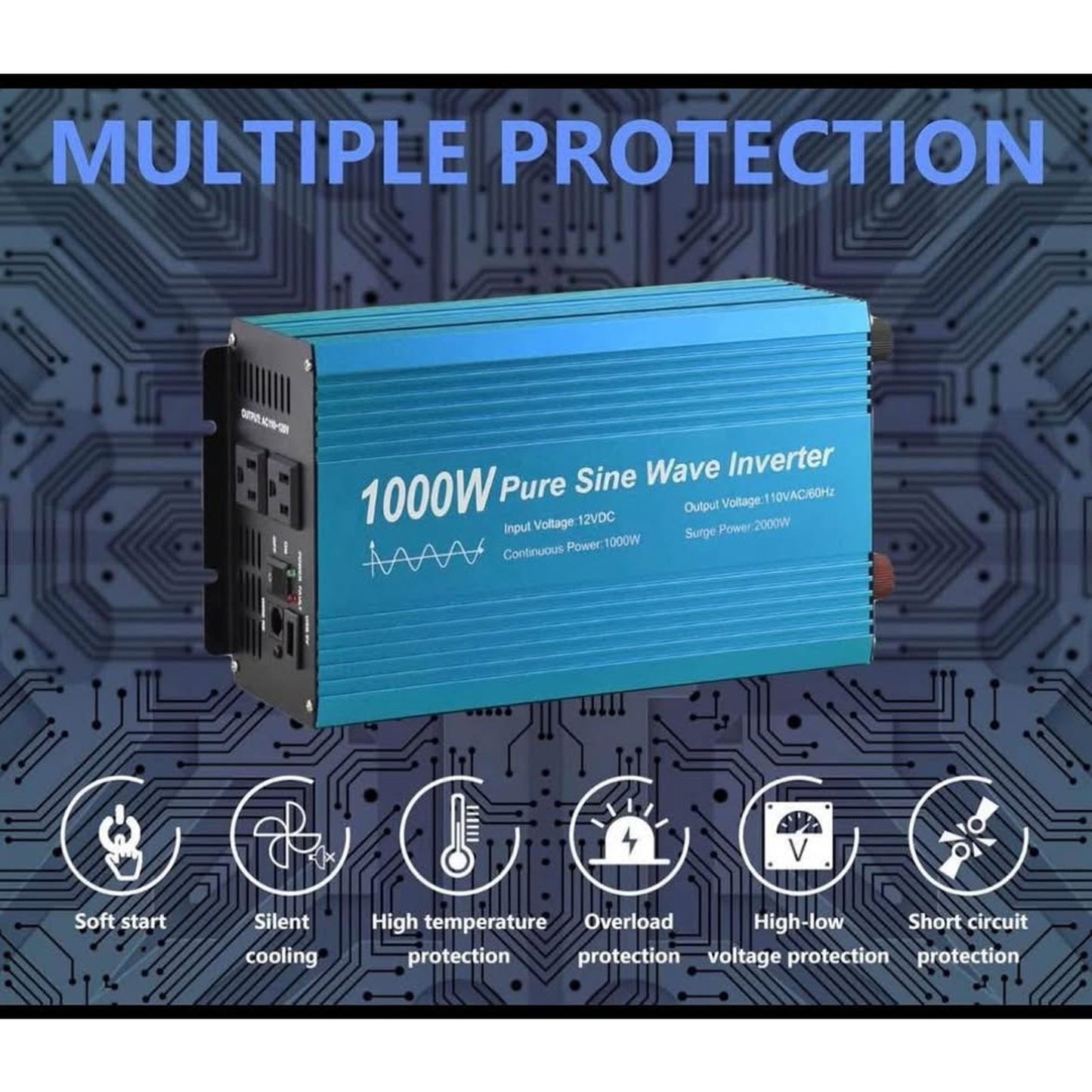 Pure Sine Wave Power Inverter 1000W DC12V to AC 110V with Dual sockets and USB, LCD Remote kit. (100