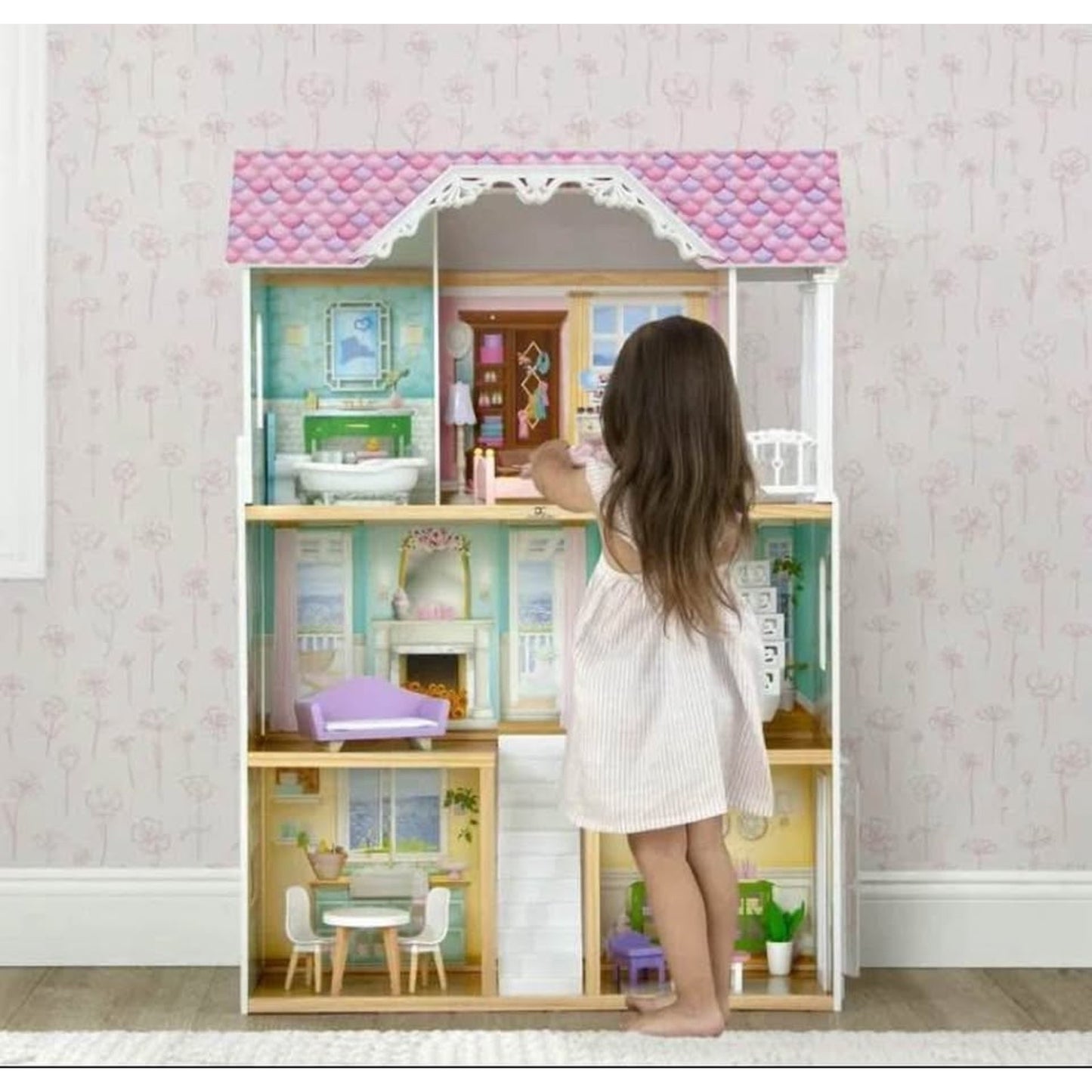 Delta Children MySize Dollhouse - Large Wooden 3-Story Dollhouse with 7 Rooms Includes 12 Accessorie